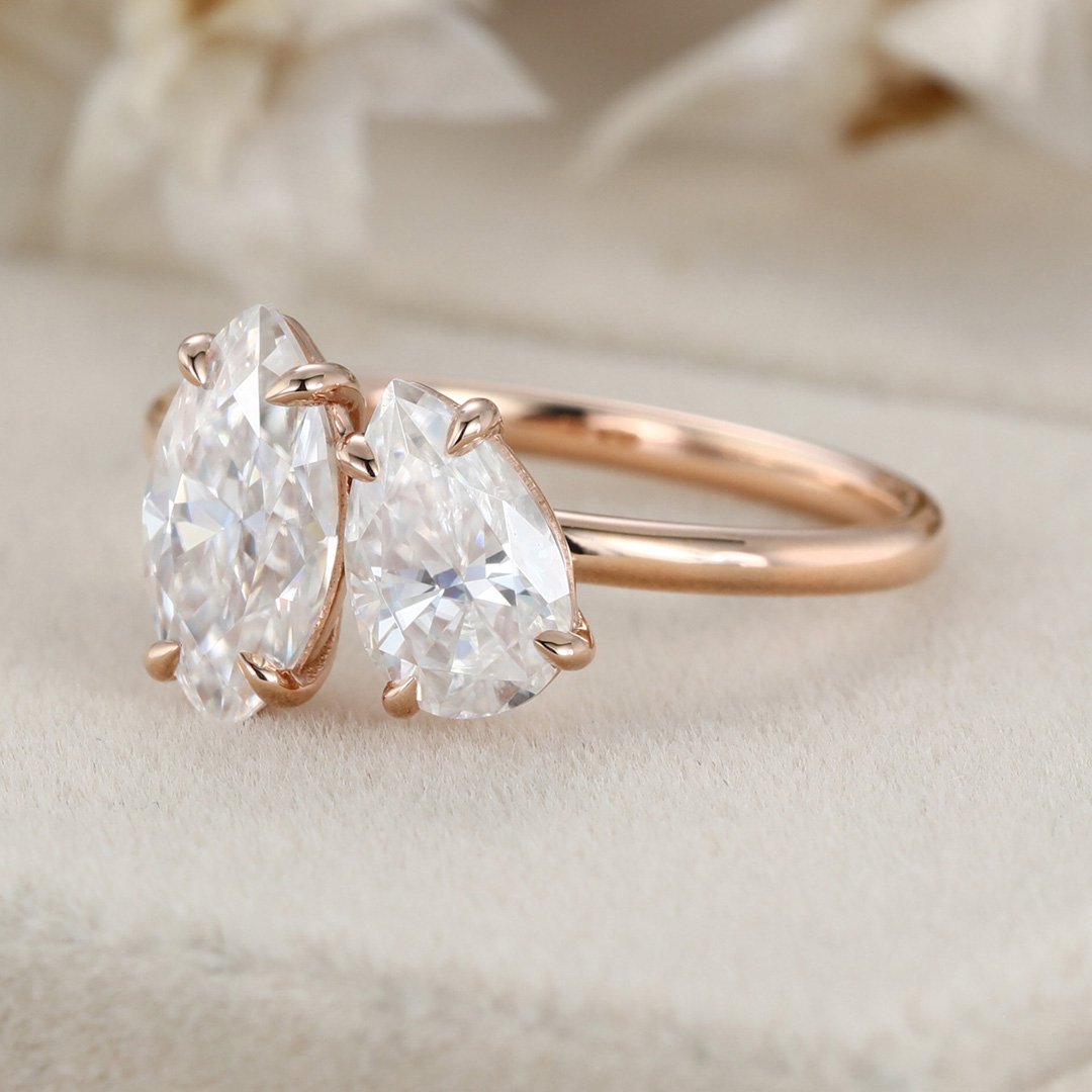 2.0 Carats Pear & Marquise Shape Moissanite Two Stone Engagement Ring
