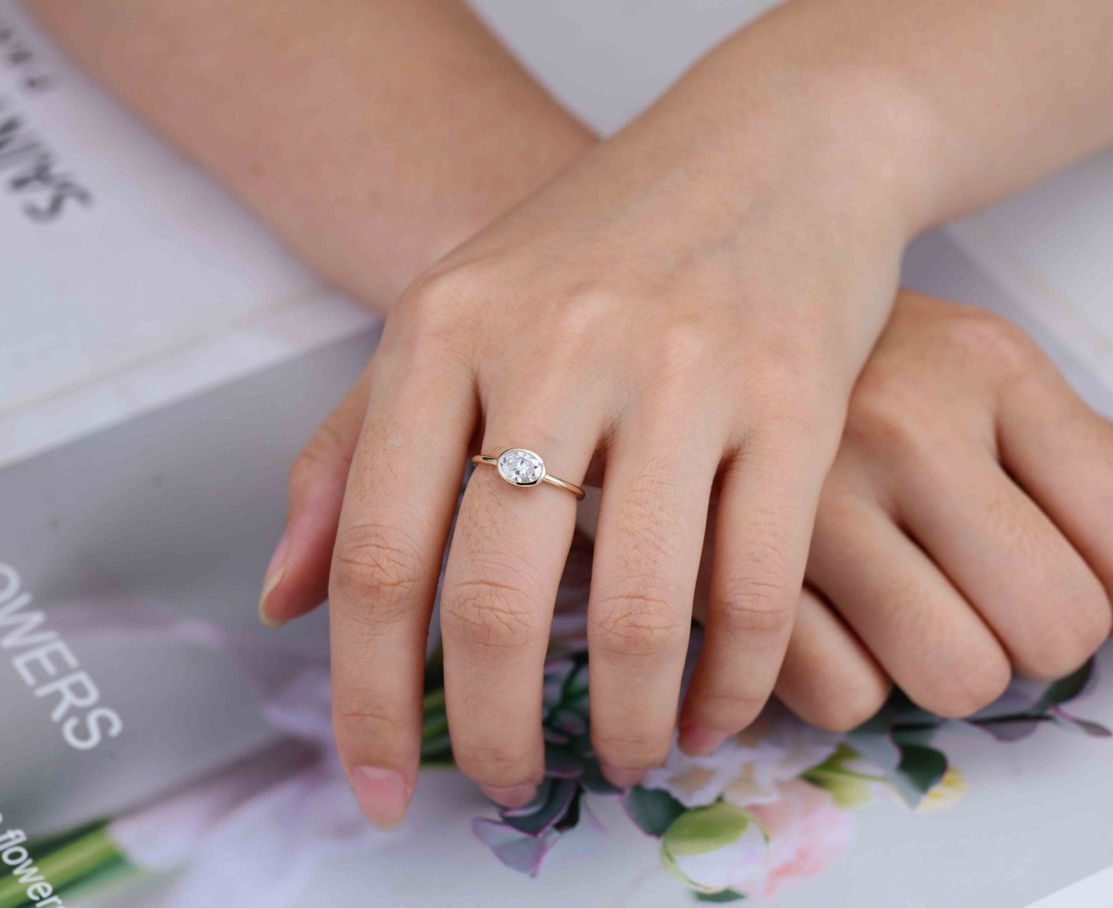 1.0 Carats East West Oval Shape Moissanite Bezel Solitaire Engagement Ring