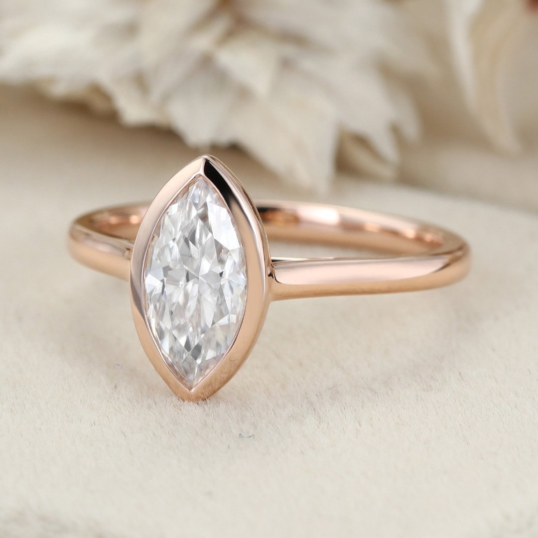 1.0 Carats Marquise Shape Moissanite Bezel Solitaire Engagement Ring