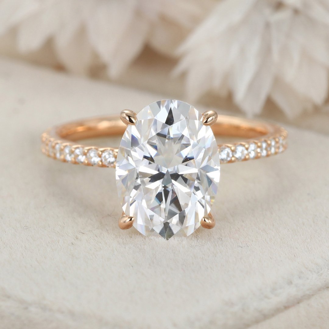 3.50 Carats Oval Shape Moissanite Hidden Halo & Pave Engagement Ring
