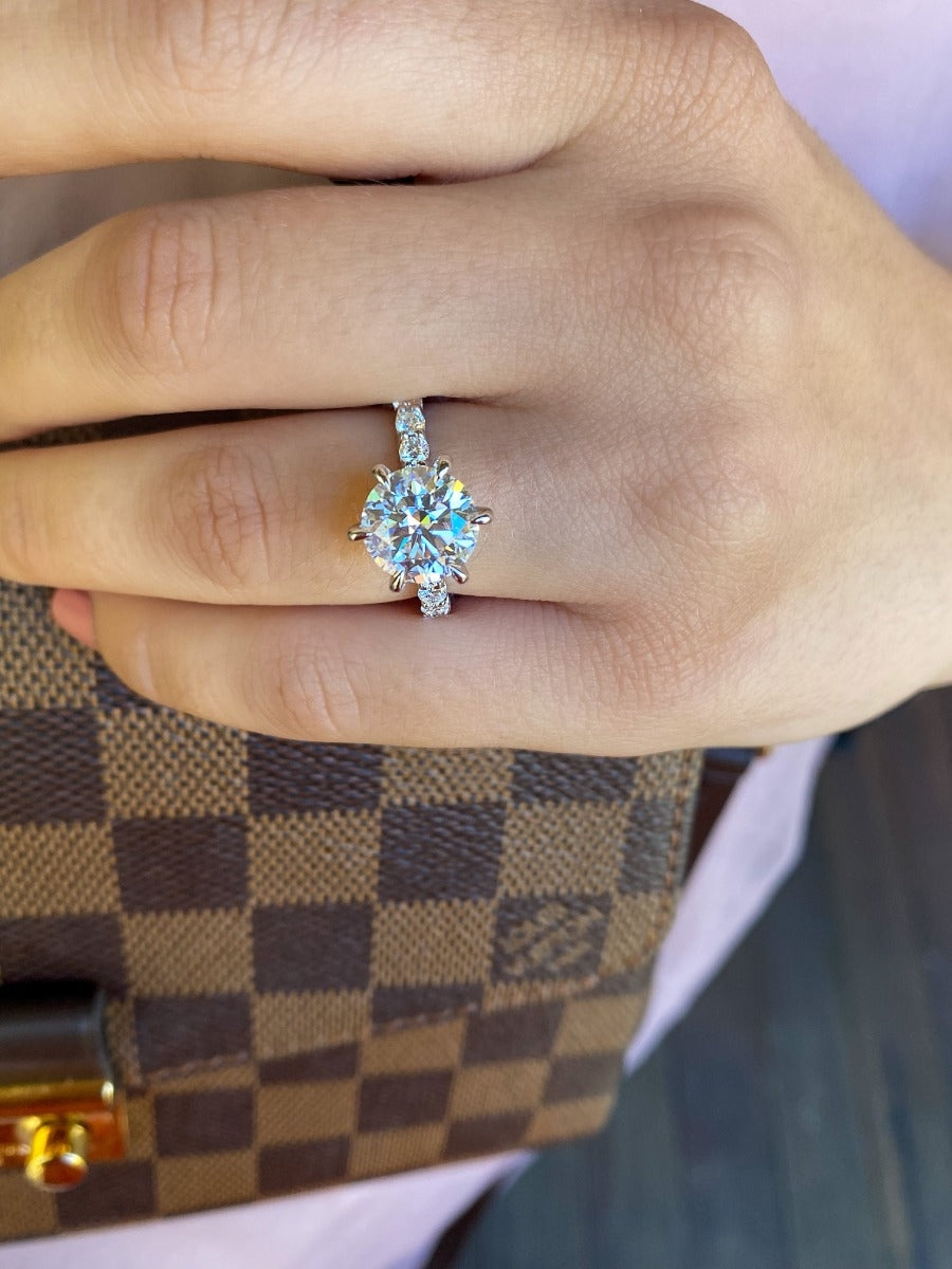 3.0 Carats Round Shape Moissanite Pave Engagement Ring