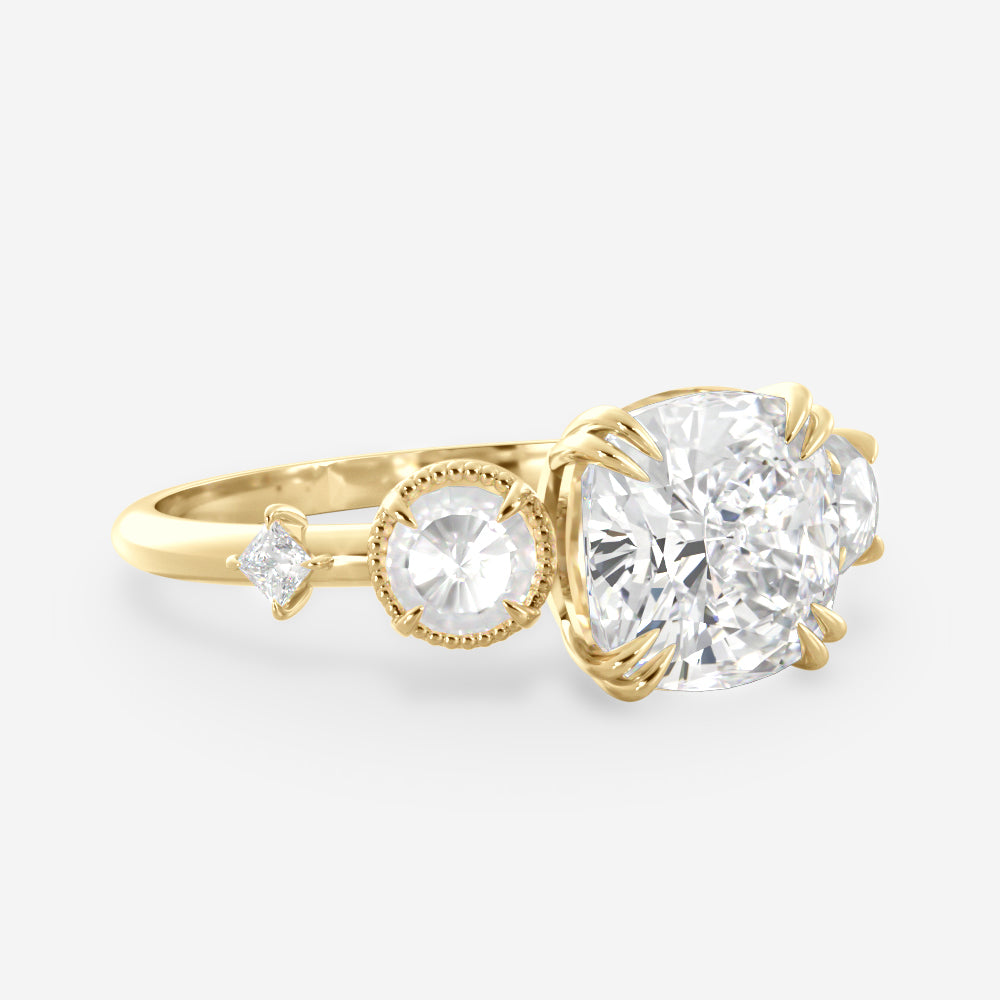 2.0 Carats Rose Cut Cushion Shape Moissanite Five Stone Engagement Ring