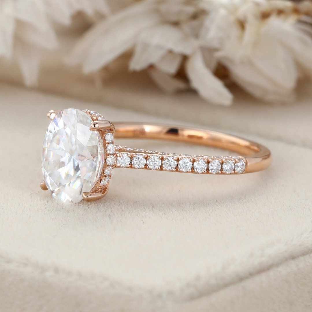 2.0 Carats Oval Shape Moissanite Hidden Halo & Pave Engagement Ring