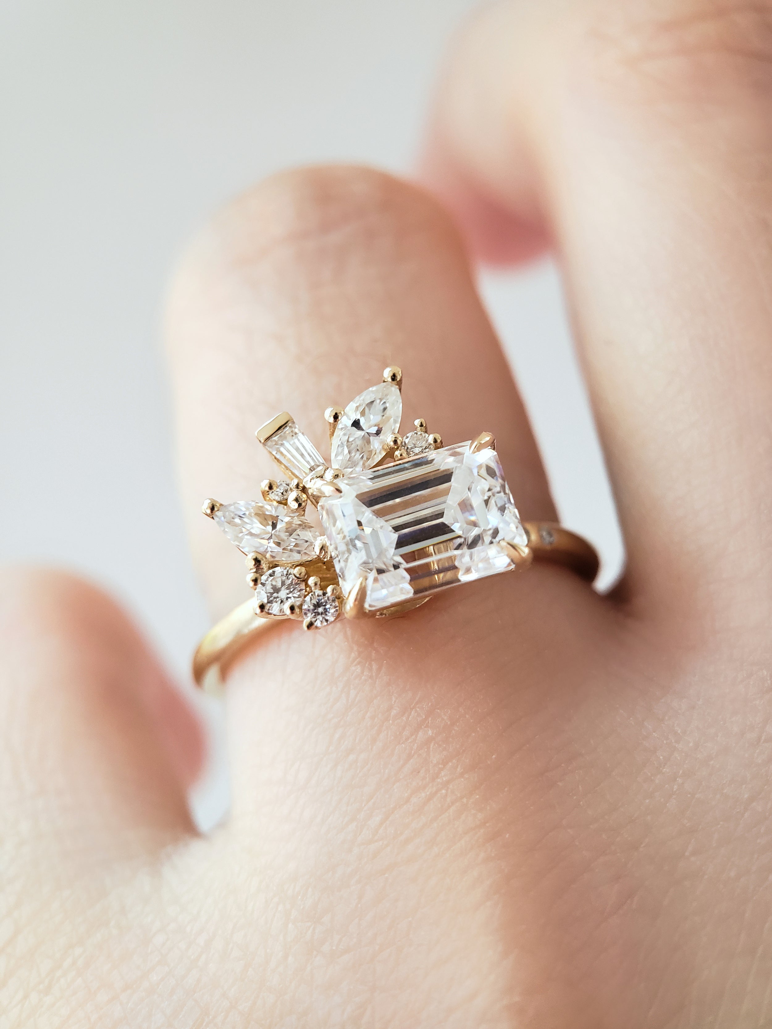 1.75 Carats Emerald Shape Moissanite Cluster Engagement Ring