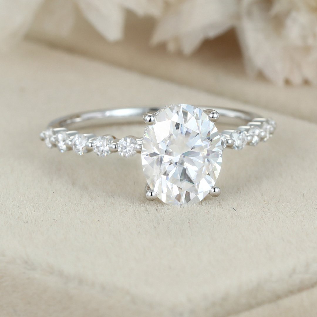 2.0 Carats Oval Shape Moissanite Hidden Halo & Pave Engagement Ring