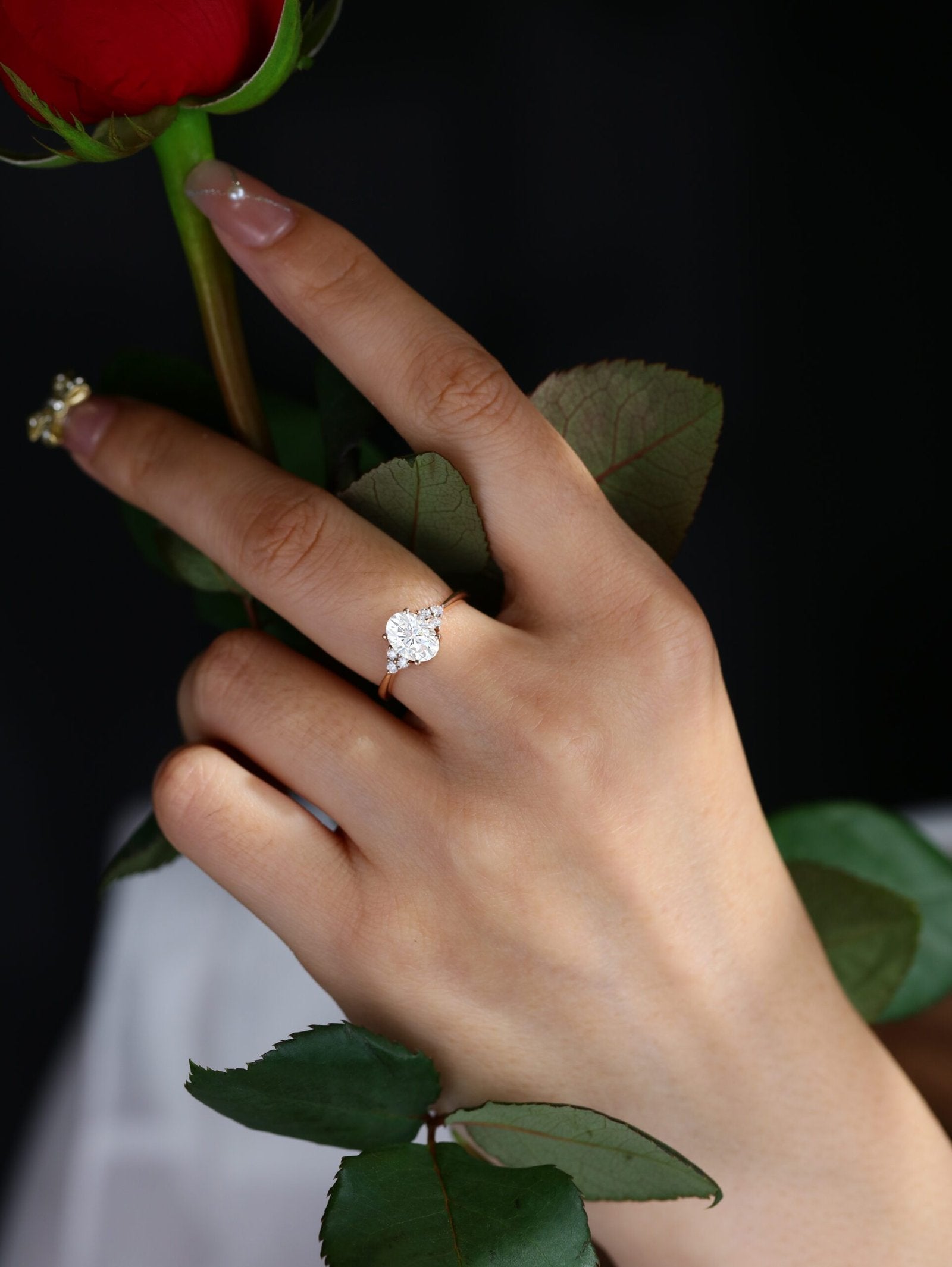 1.50 Carats Oval Shape Moissanite Cluster Engagement Ring