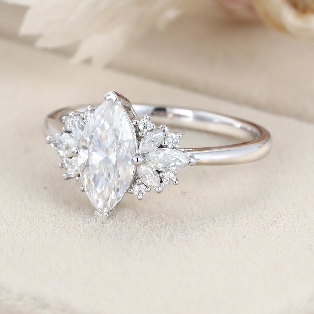 1.0 Carats Marquise Shape Moissanite Cluster Engagement Ring