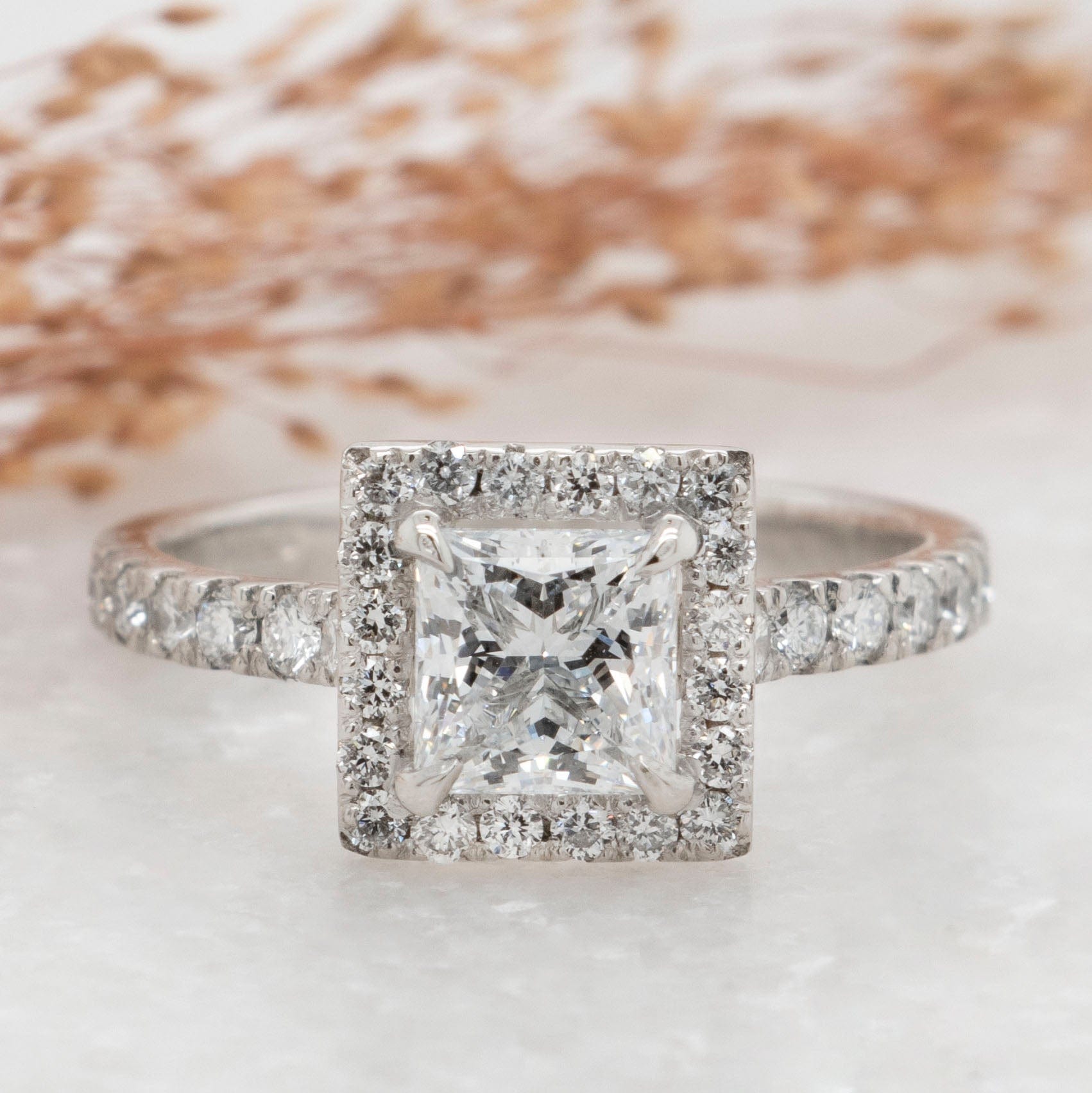 1.03 Carats Princess Shape Moissanite Halo & Pave Engagement Ring