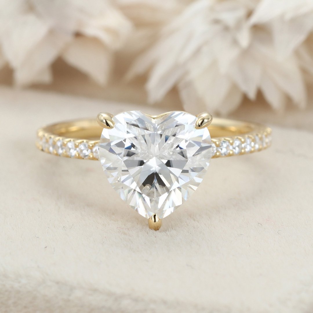 3.0 Carats Heart Shape Moissanite Hidden Halo & Pave Engagement Ring