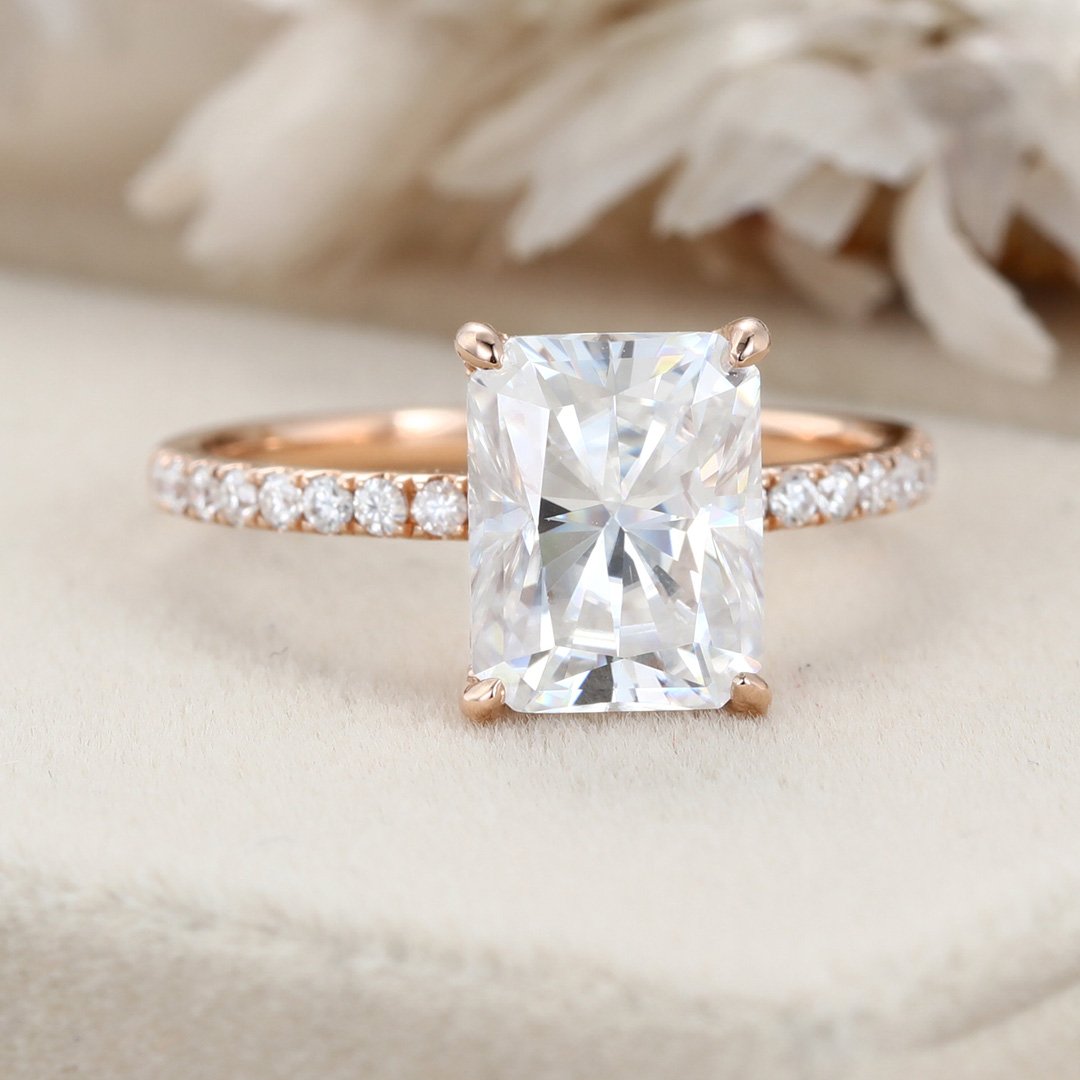 3.0 Carats Radiant Shape Moissanite Hidden Halo & Pave Engagement Ring