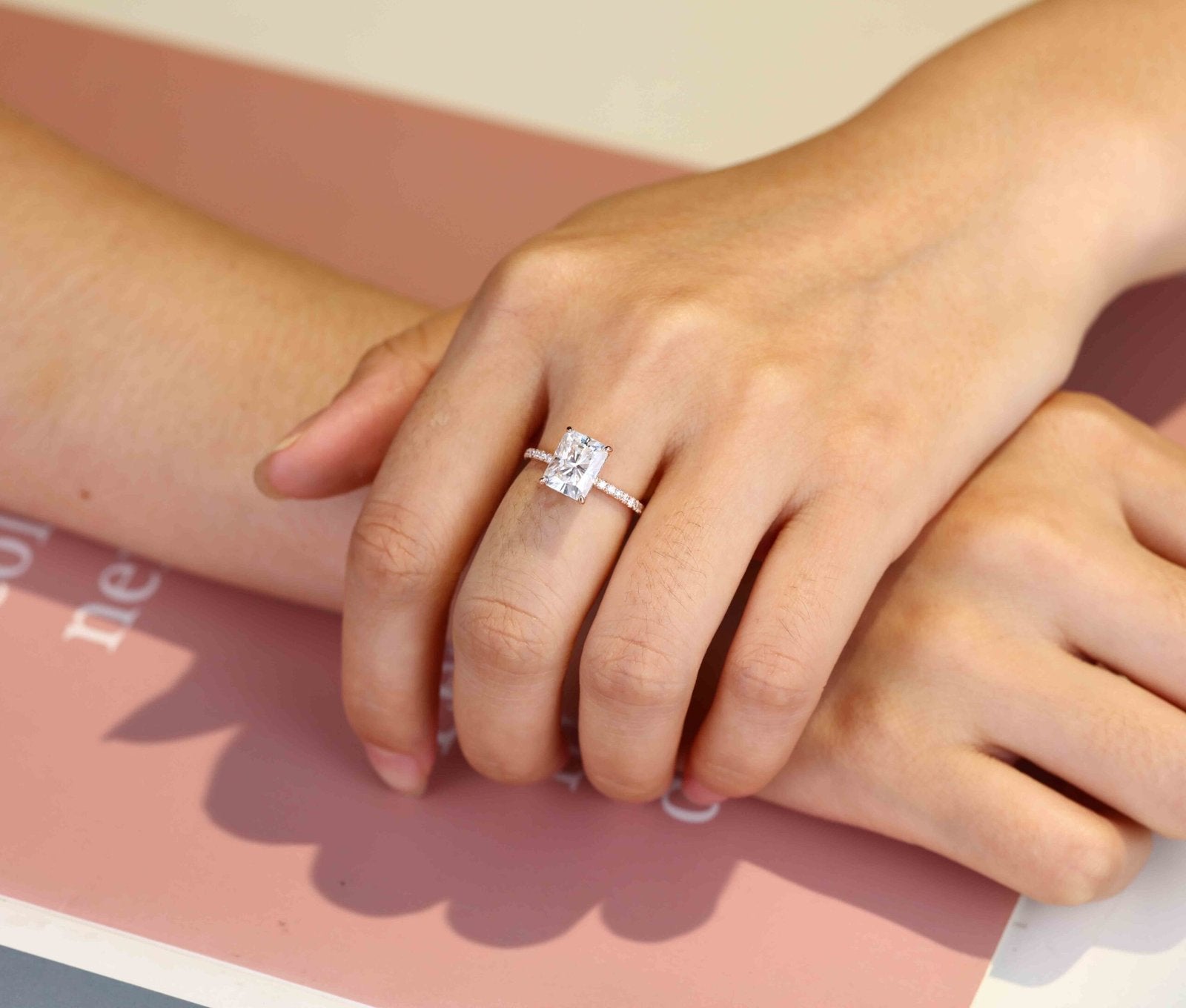 3.0 Carats Radiant Shape Moissanite Hidden Halo & Pave Engagement Ring