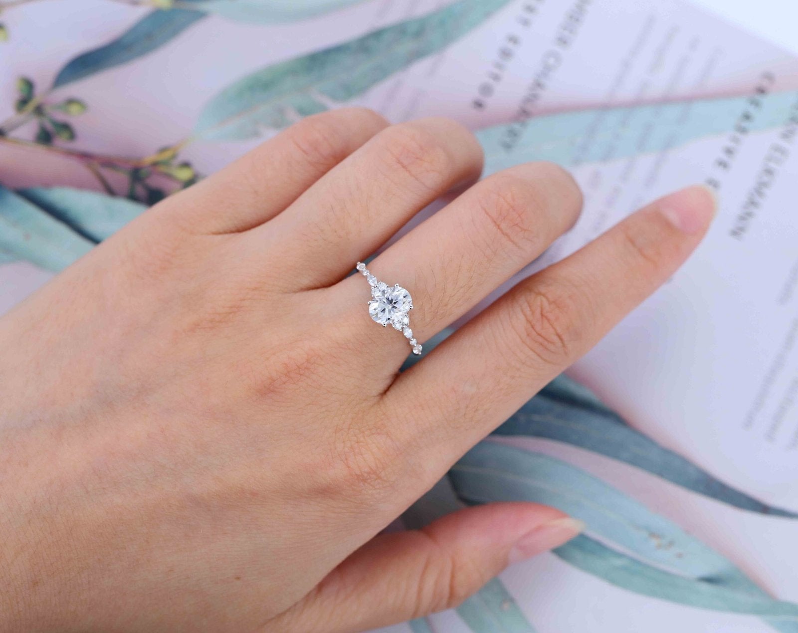1.50 Carats Oval Shape Moissanite Cluster Engagement Ring