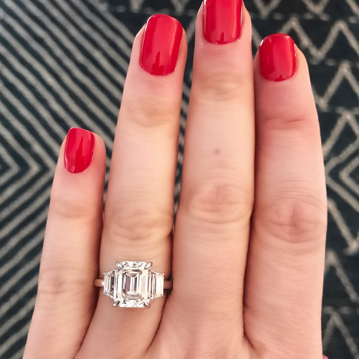 4.50 Carats Emerald Shape Moissanite Three Stone Engagement Ring