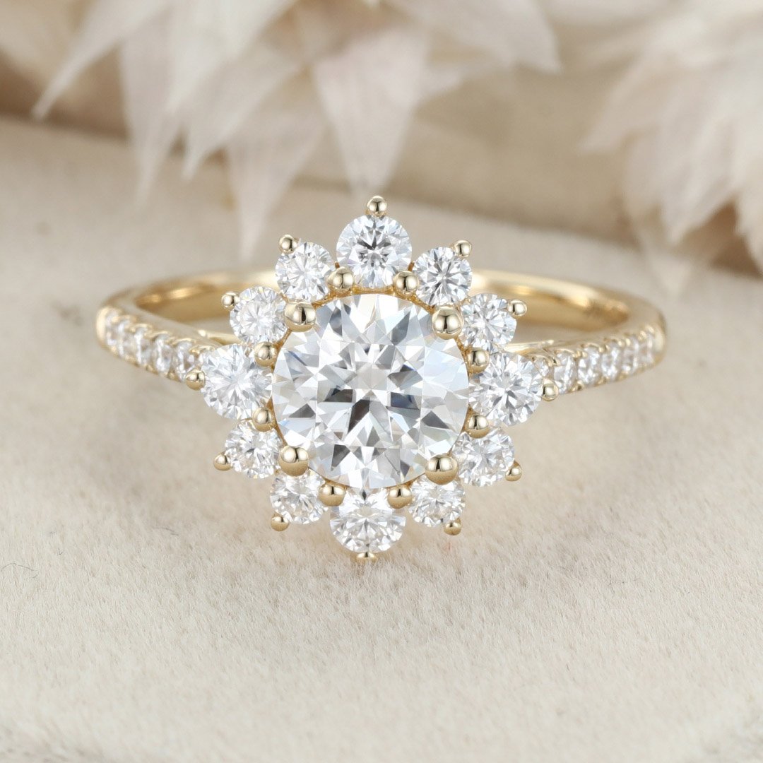 1.0 Carats Round Shape Moissanite Halo & Pave Engagement Ring