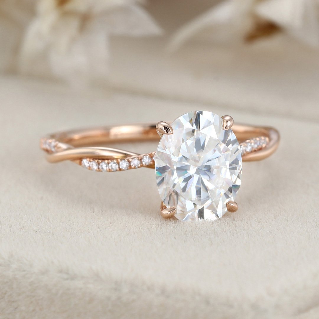 2.0 Carats Oval Shape Moissanite Twisted Pave Engagement Ring