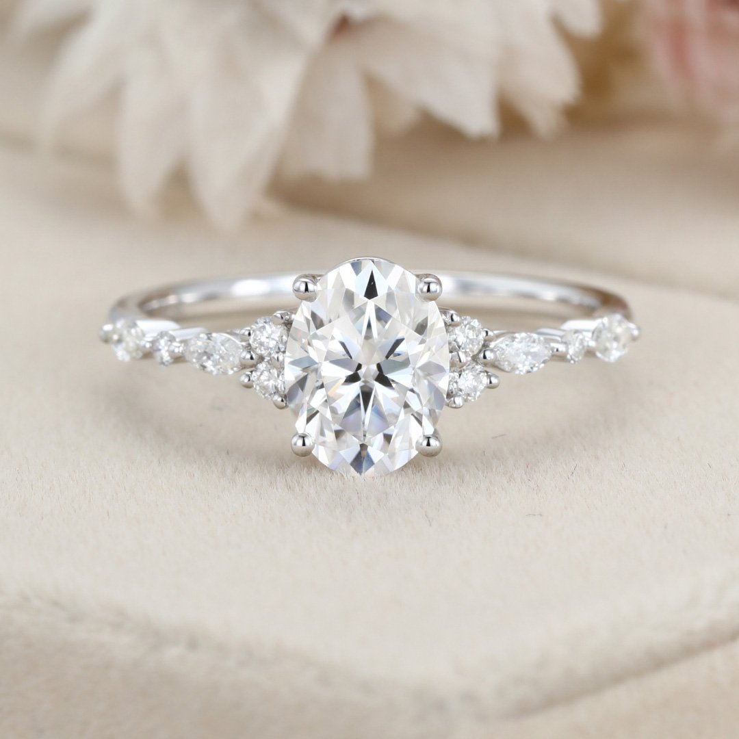 1.50 Carats Oval Shape Moissanite Cluster Engagement Ring