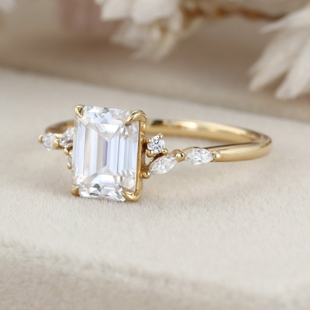 2.0 Carats Emerald Shape Moissanite Cluster Engagement Ring