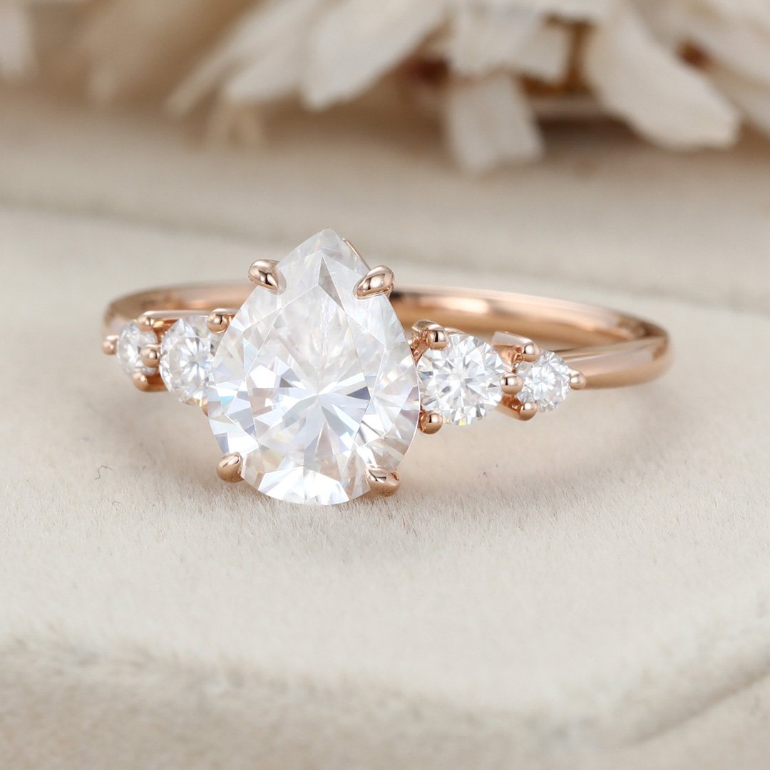 2.0 Carats Pear Shape Moissanite Five Stone Engagement Ring