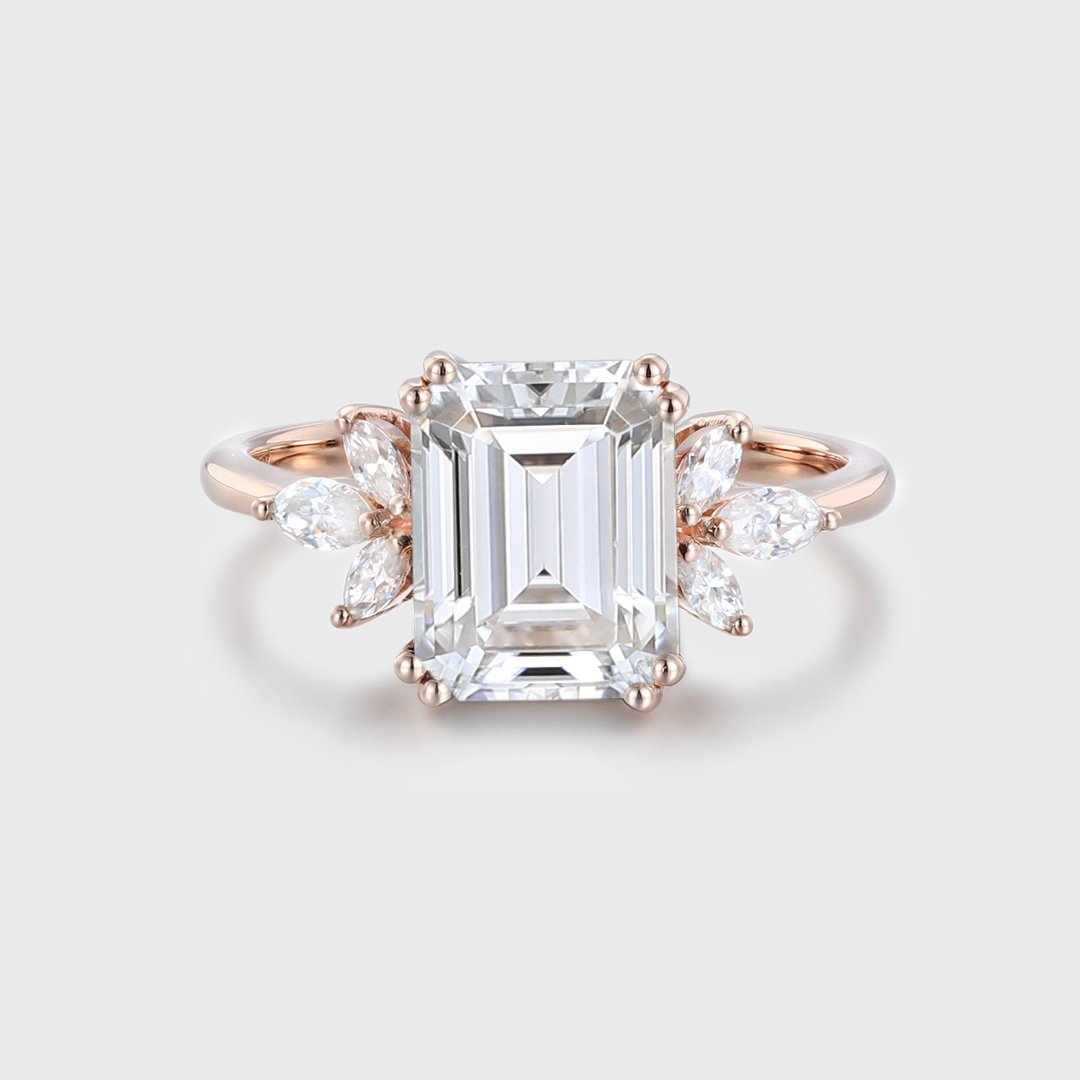 3.0 Carats Emerald Shape Moissanite Cluster Engagement Ring