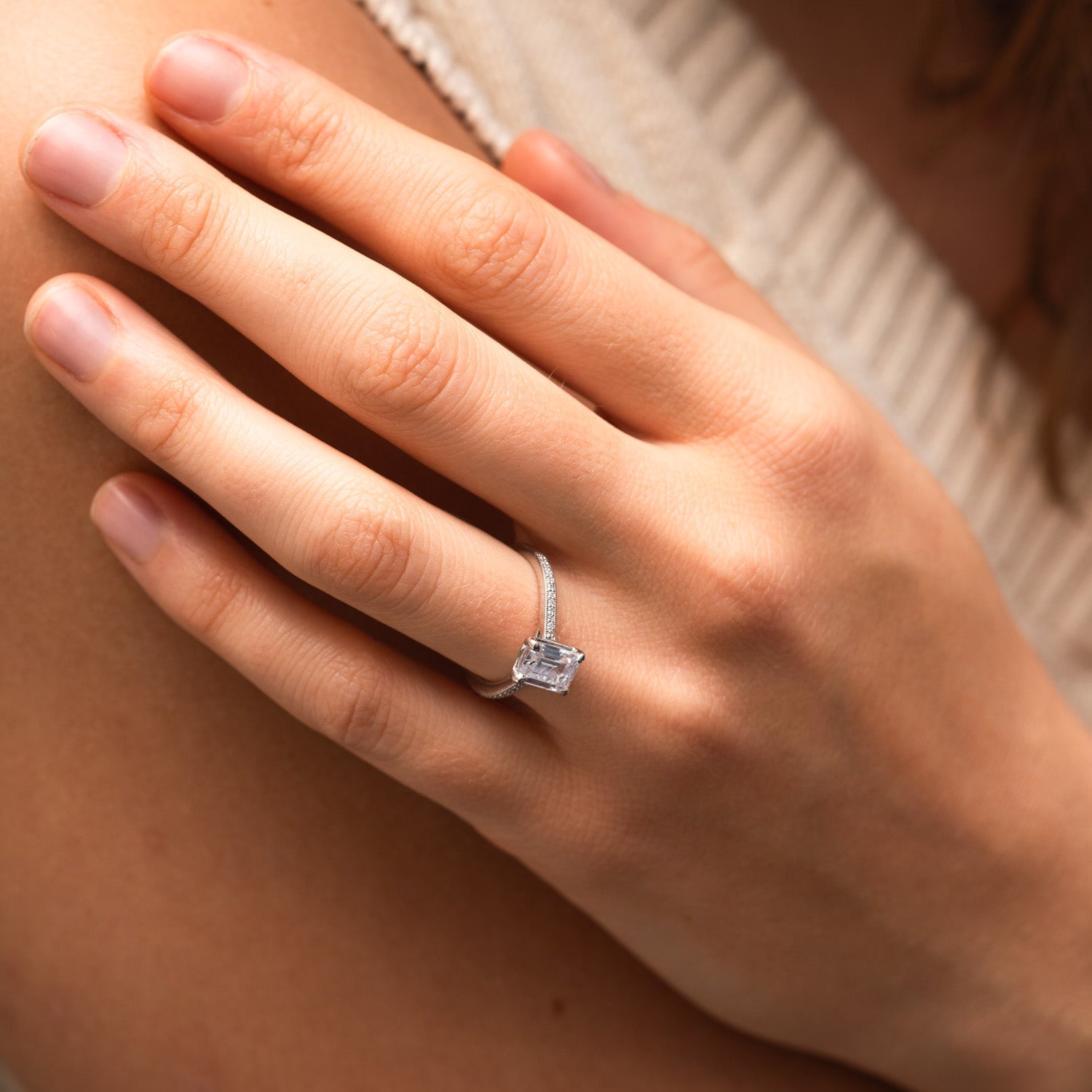 1.09 Carats Emerald Shape Moissanite Pave Engagement Ring