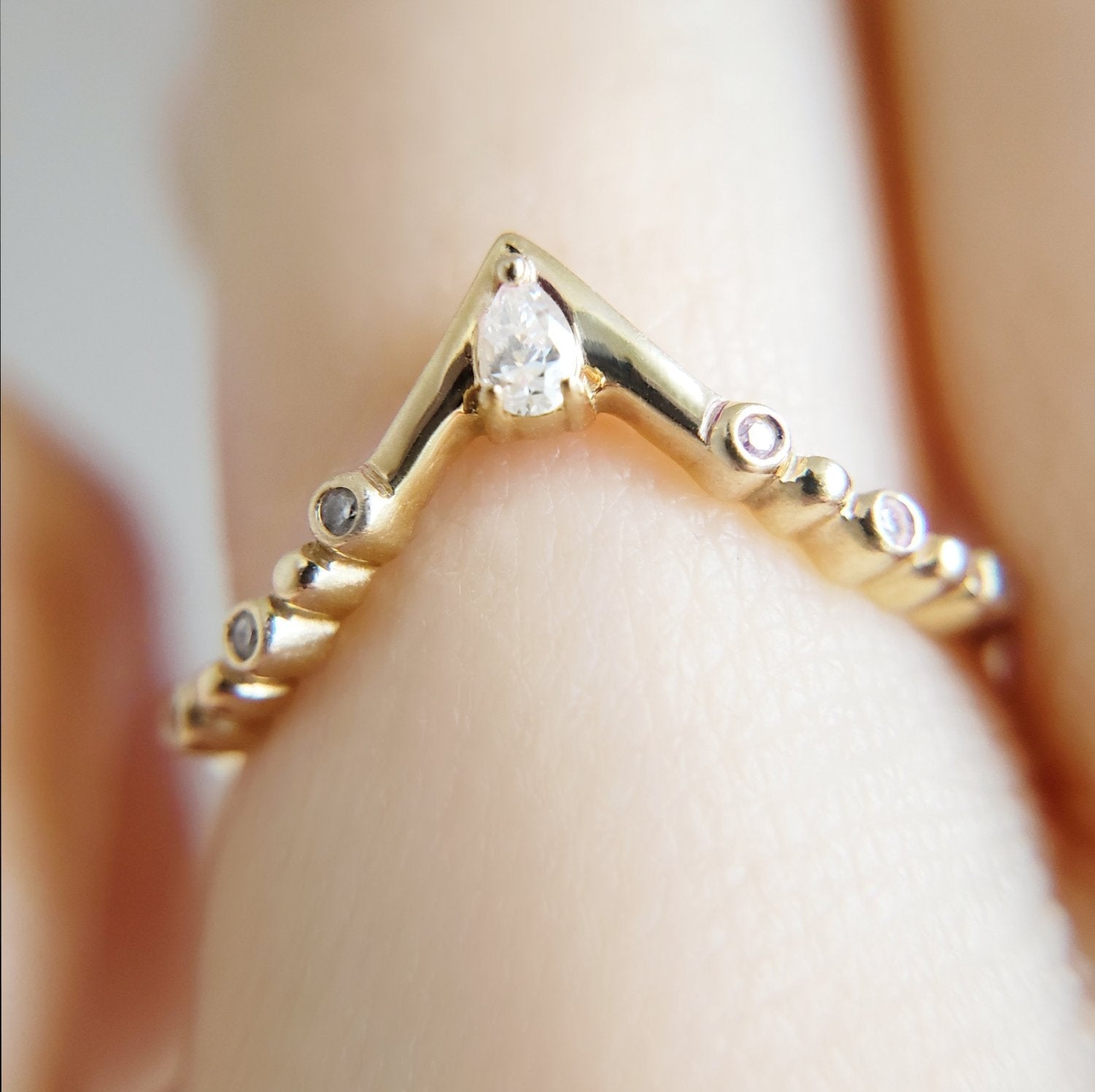 0.12 Carats Moissanite Round & Pear Shape V Shape Wedding Band