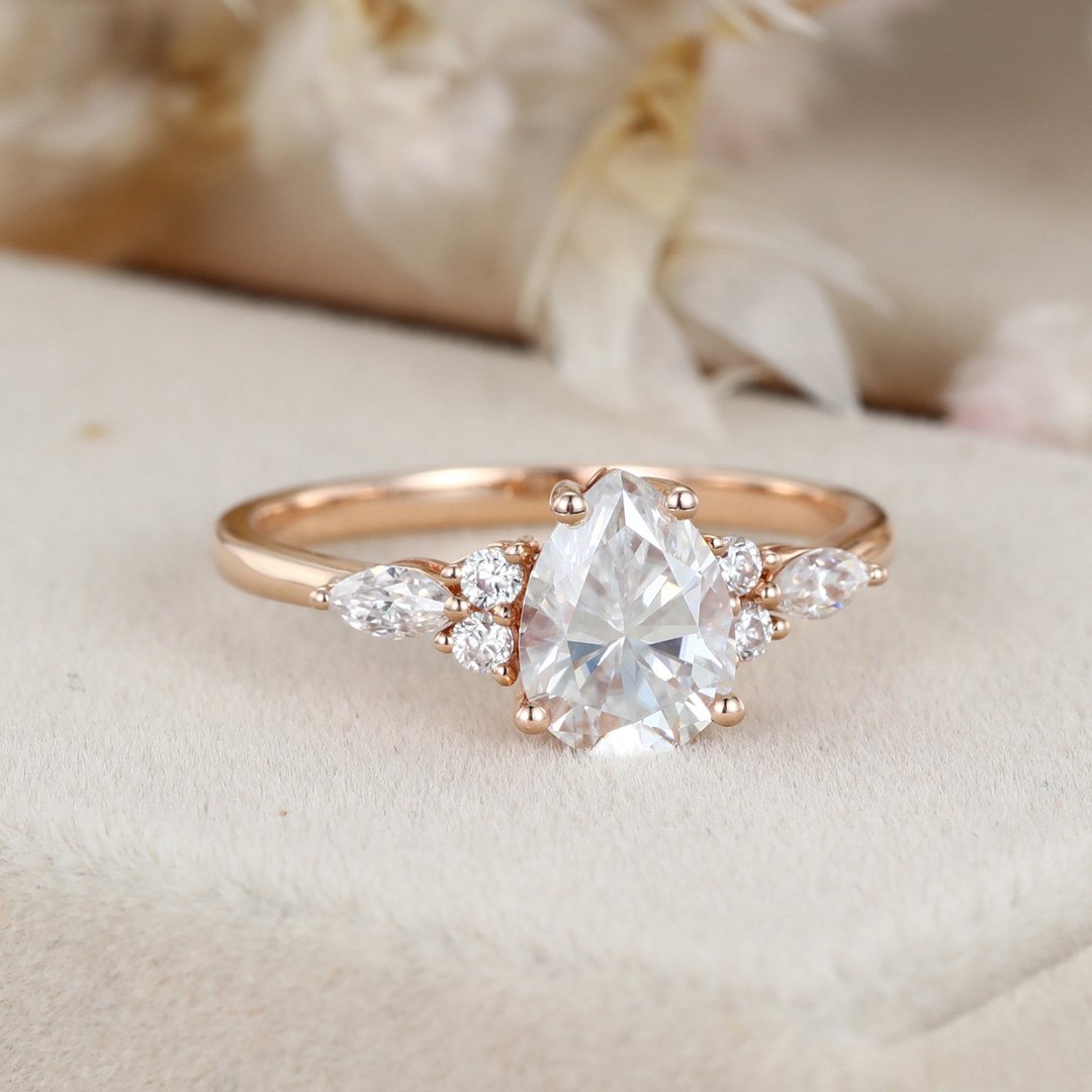 1.50 Carats Pear Shape Moissanite Cluster Engagement Ring