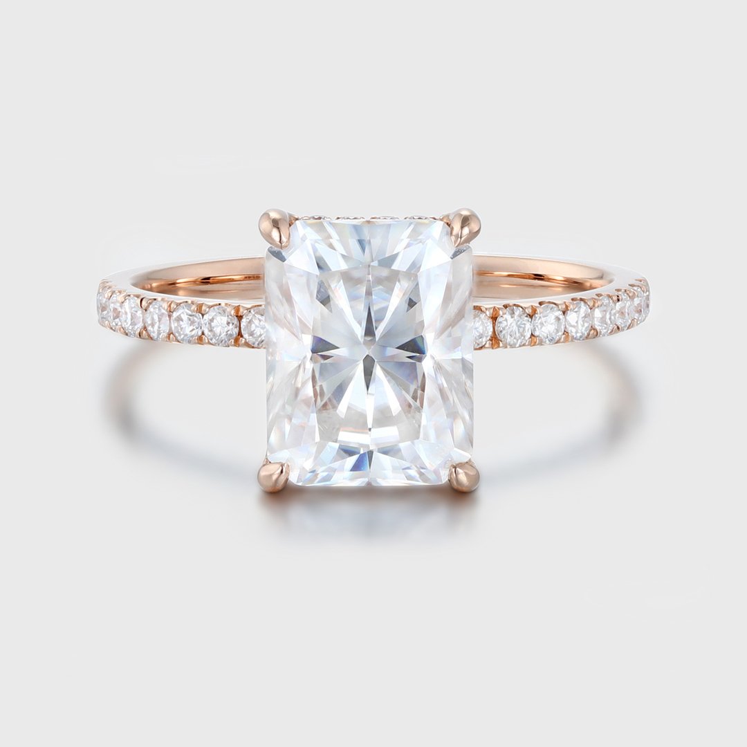 3.0 Carats Radiant Shape Moissanite Hidden Halo & Pave Engagement Ring