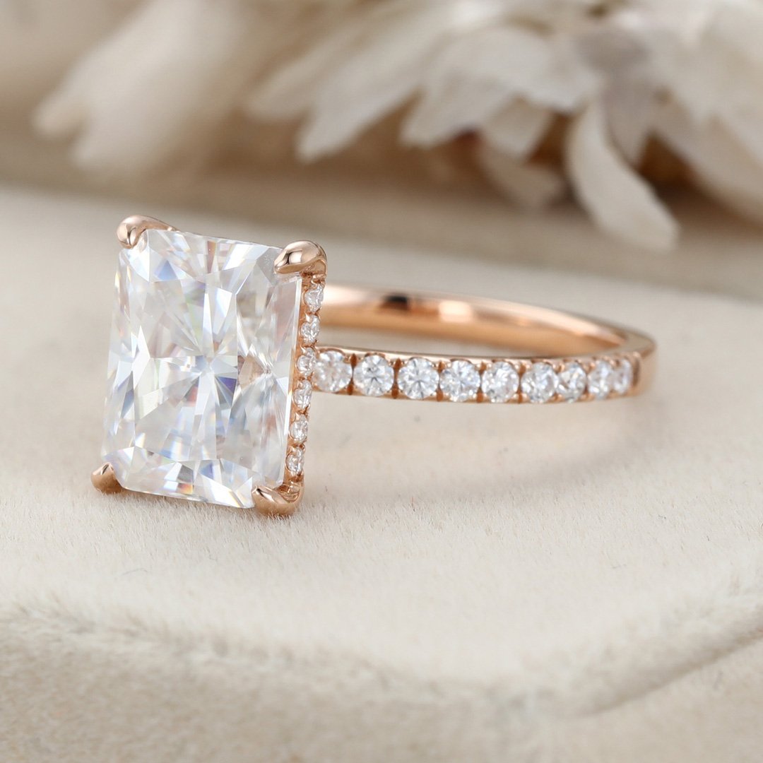 3.0 Carats Radiant Shape Moissanite Hidden Halo & Pave Engagement Ring
