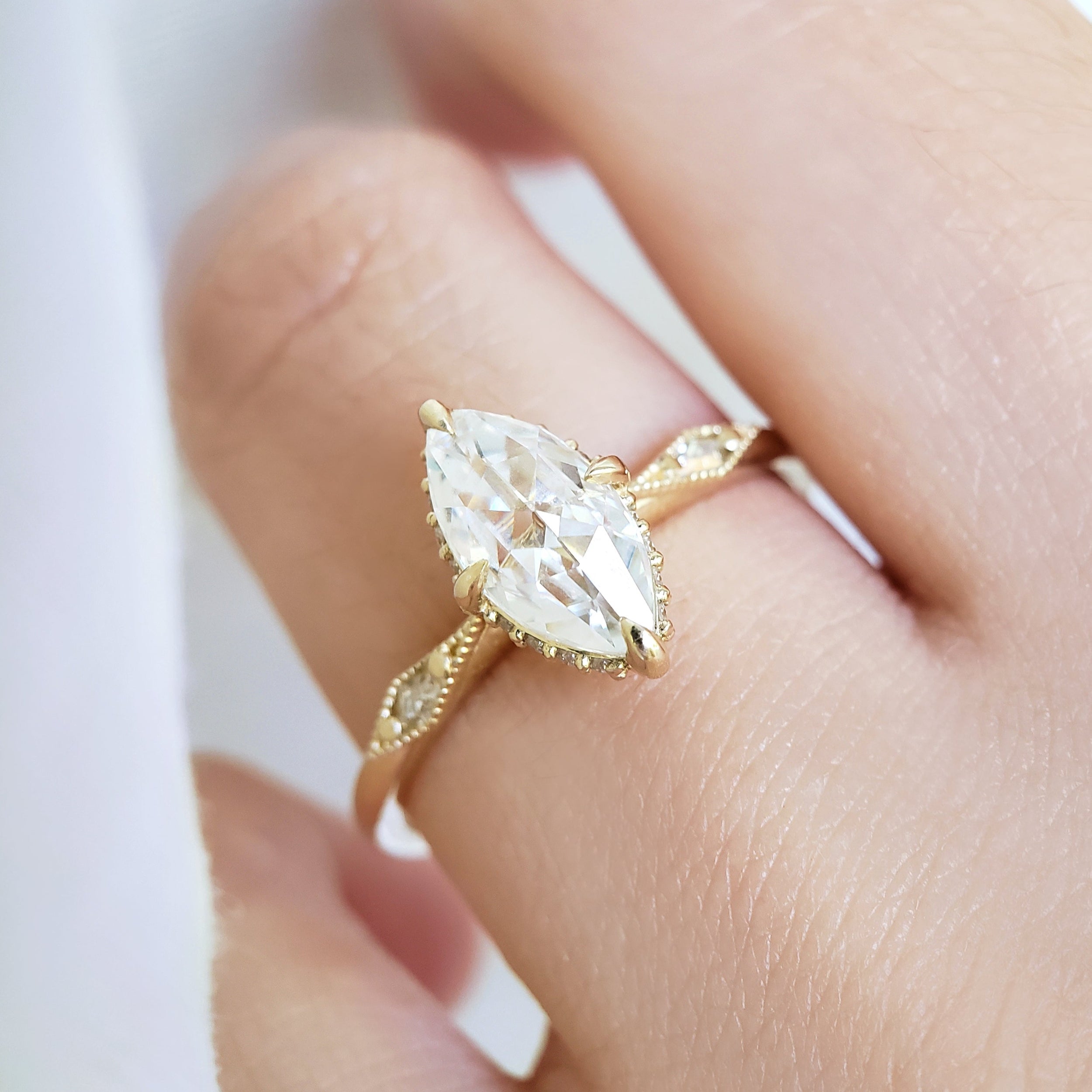 1.25 Carats Marquise Shape Moissanite Vintage Hidden Halo Engagement Ring