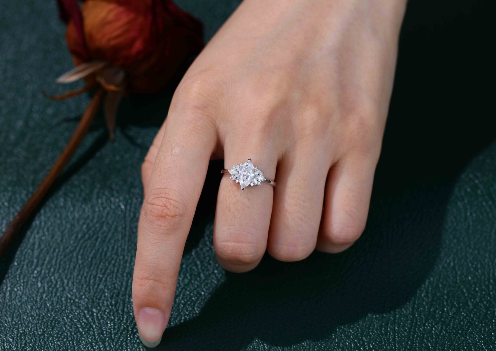 1.0 Carats Marquise Shape Moissanite Cluster Engagement Ring