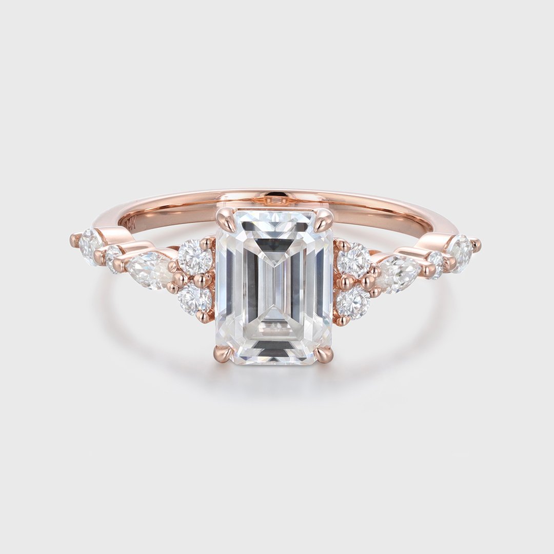 2.0 Carats Emerald Shape Moissanite Cluster & Pave Engagement Ring