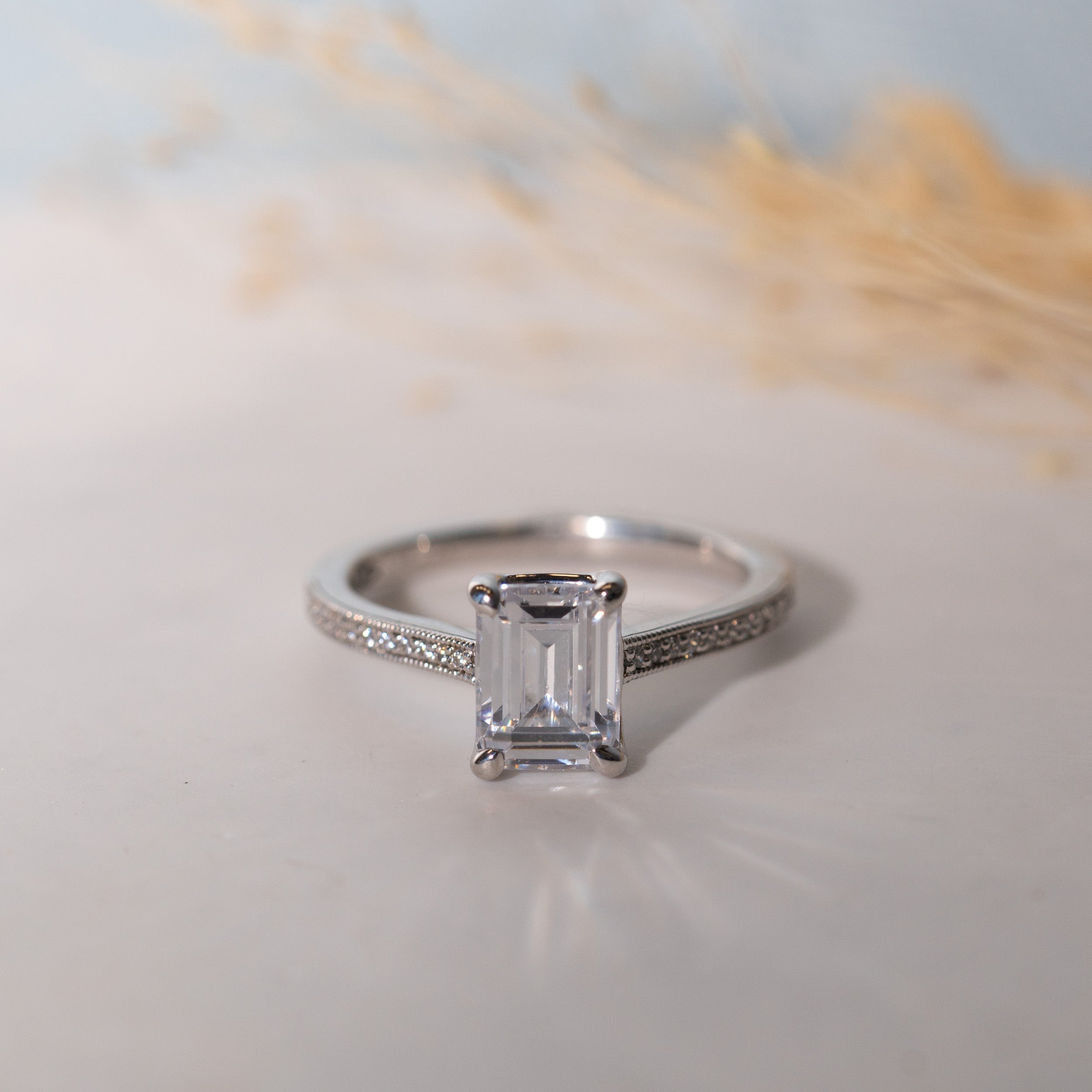 1.09 Carats Emerald Shape Moissanite Pave Engagement Ring
