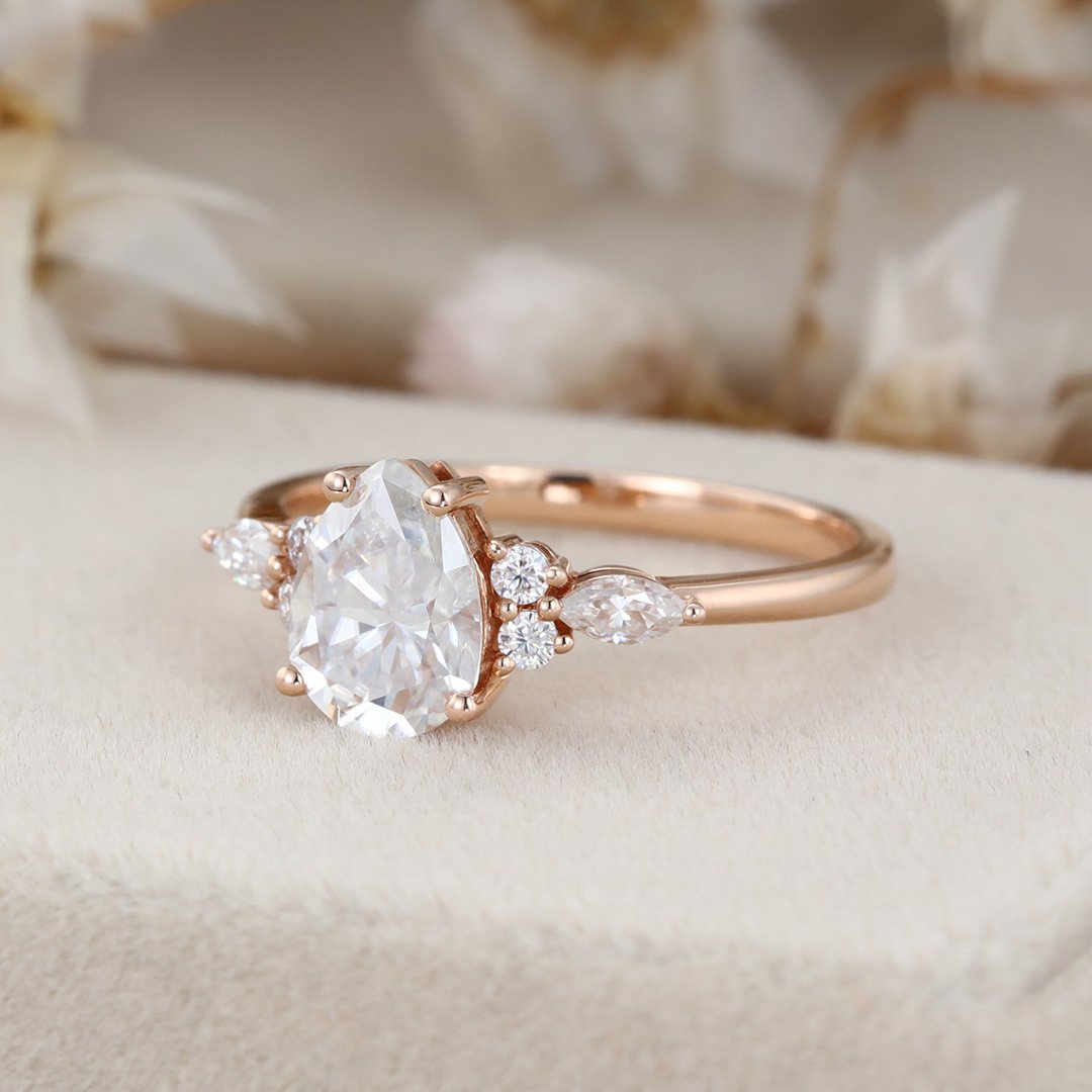 1.50 Carats Pear Shape Moissanite Cluster Engagement Ring