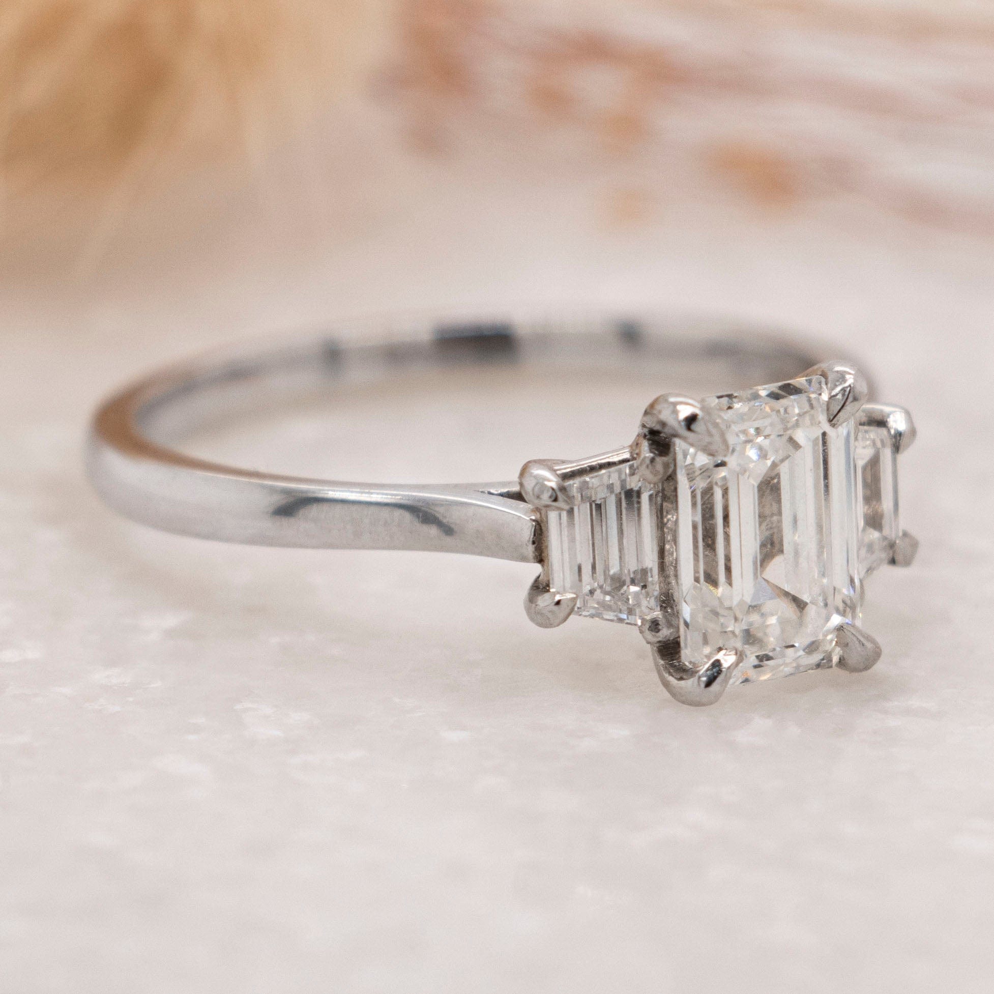 1.04 Carats Emerald Shape Moissanite Three Stone Engagement Ring