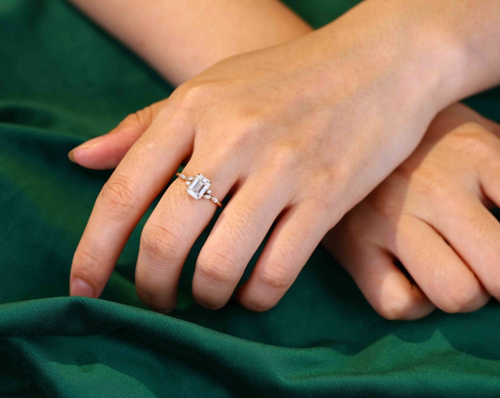 2.0 Carats Emerald Shape Moissanite Cluster Engagement Ring