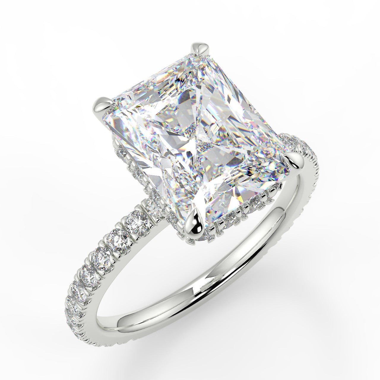 2.50 Carats Radiant Shape Moissanite Hidden Halo Pave Engagement Ring