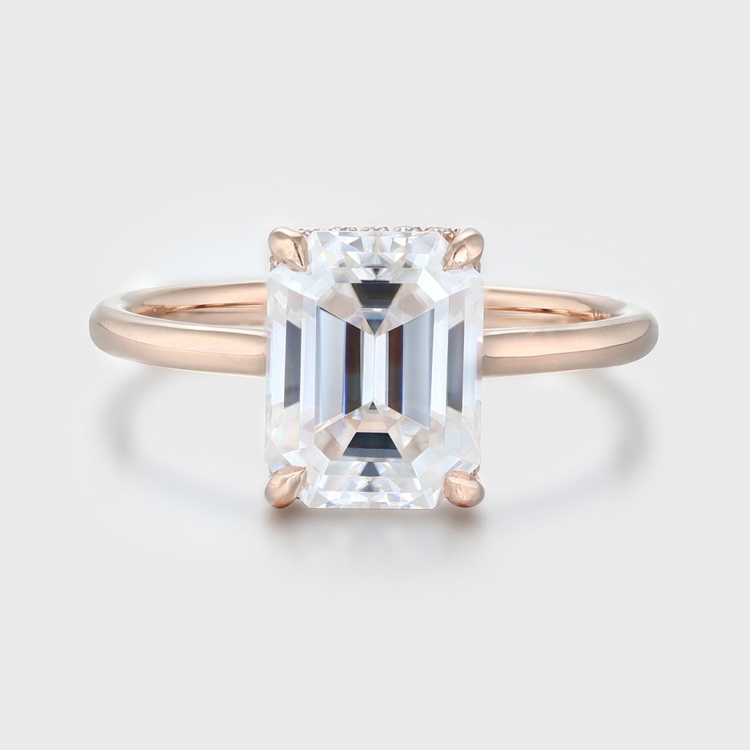 2.5 Carats Emerald Shape Moissanite Hidden Halo Engagement Ring