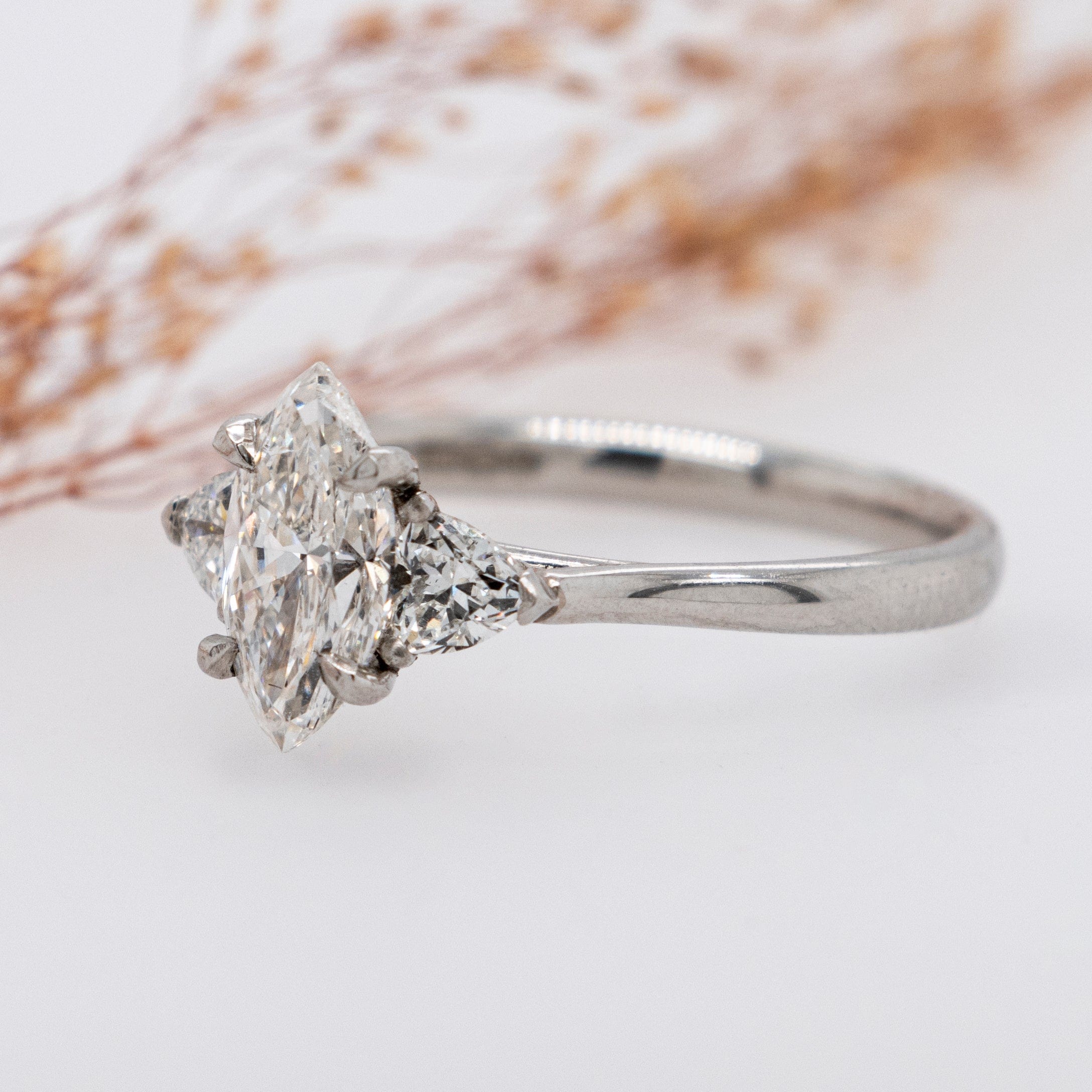 0.90 Carats Marquise Shape Moissanite Three Stone Engagement Ring