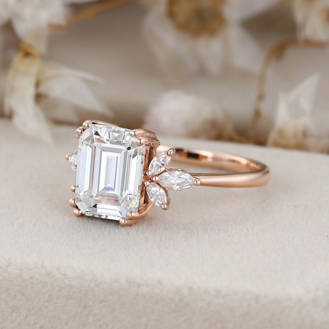 3.0 Carats Emerald Shape Moissanite Cluster Engagement Ring