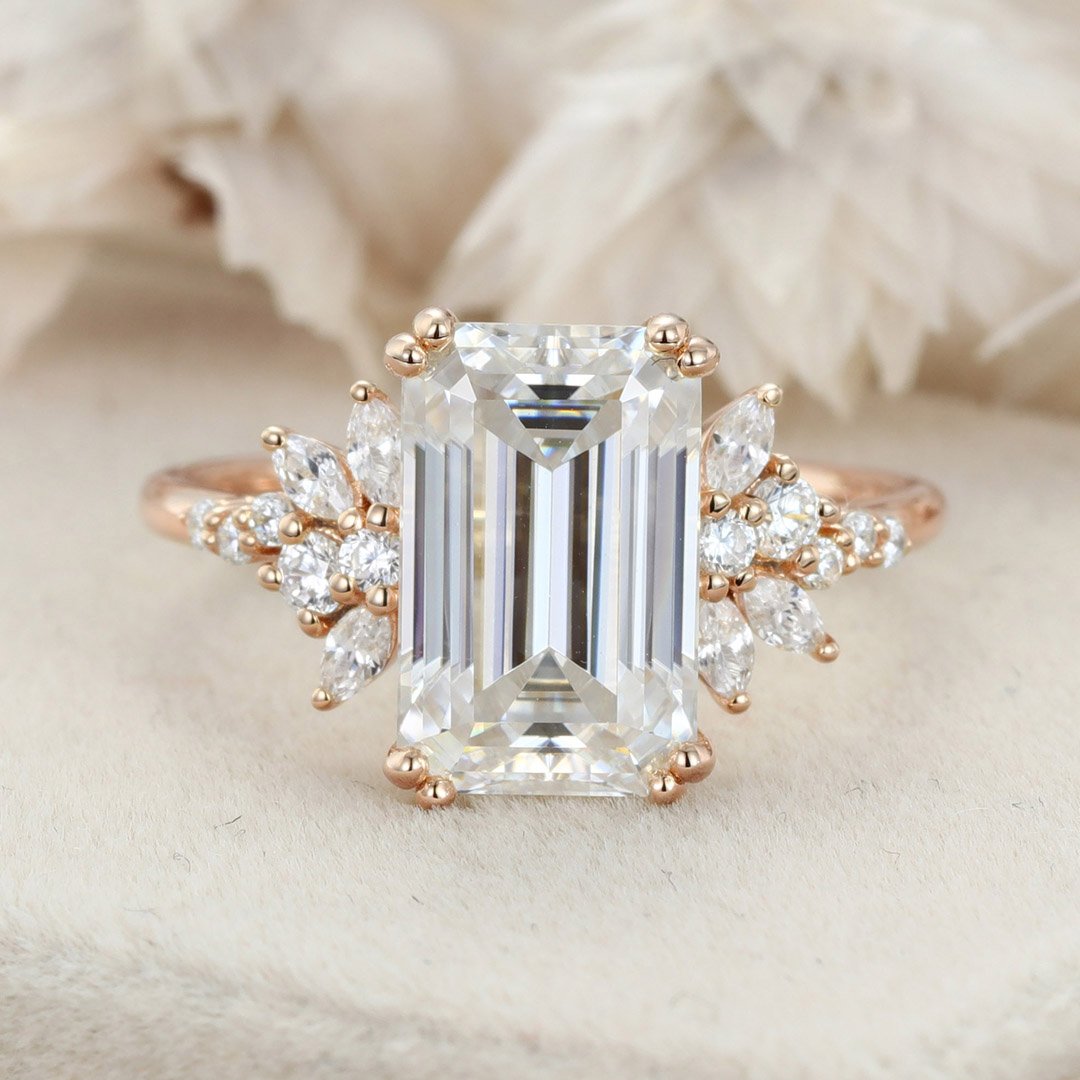 3.40 Carats Emerald Shape Moissanite Cluster Engagement Ring