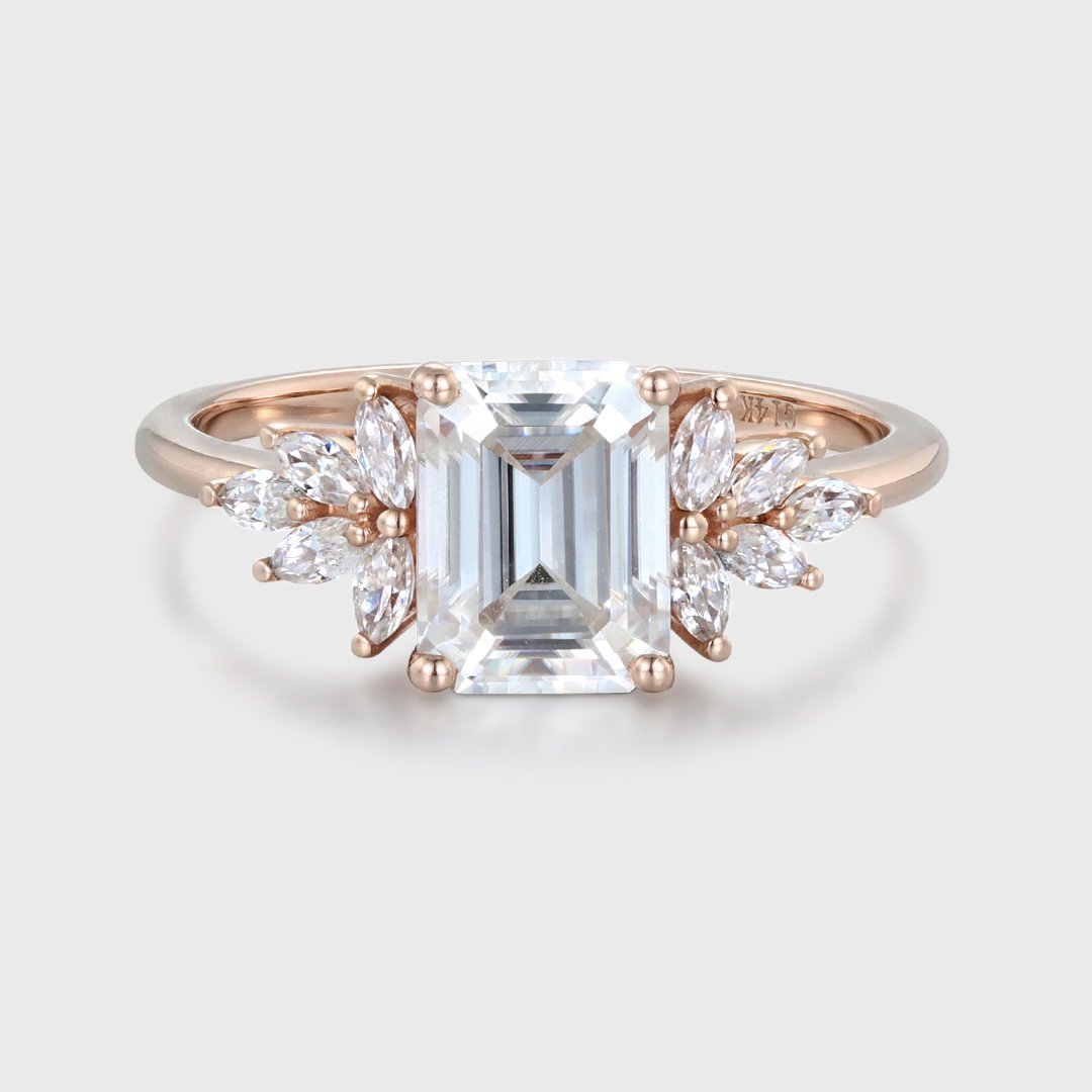 2.0 Carats Emerald Shape Moissanite Cluster Engagement Ring