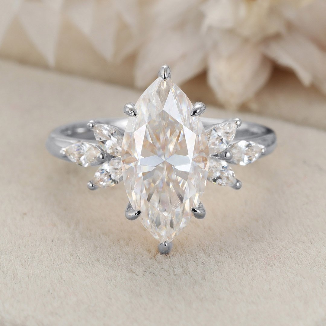 3.0 Carats Marquise Shape Moissanite Cluster Engagement Ring