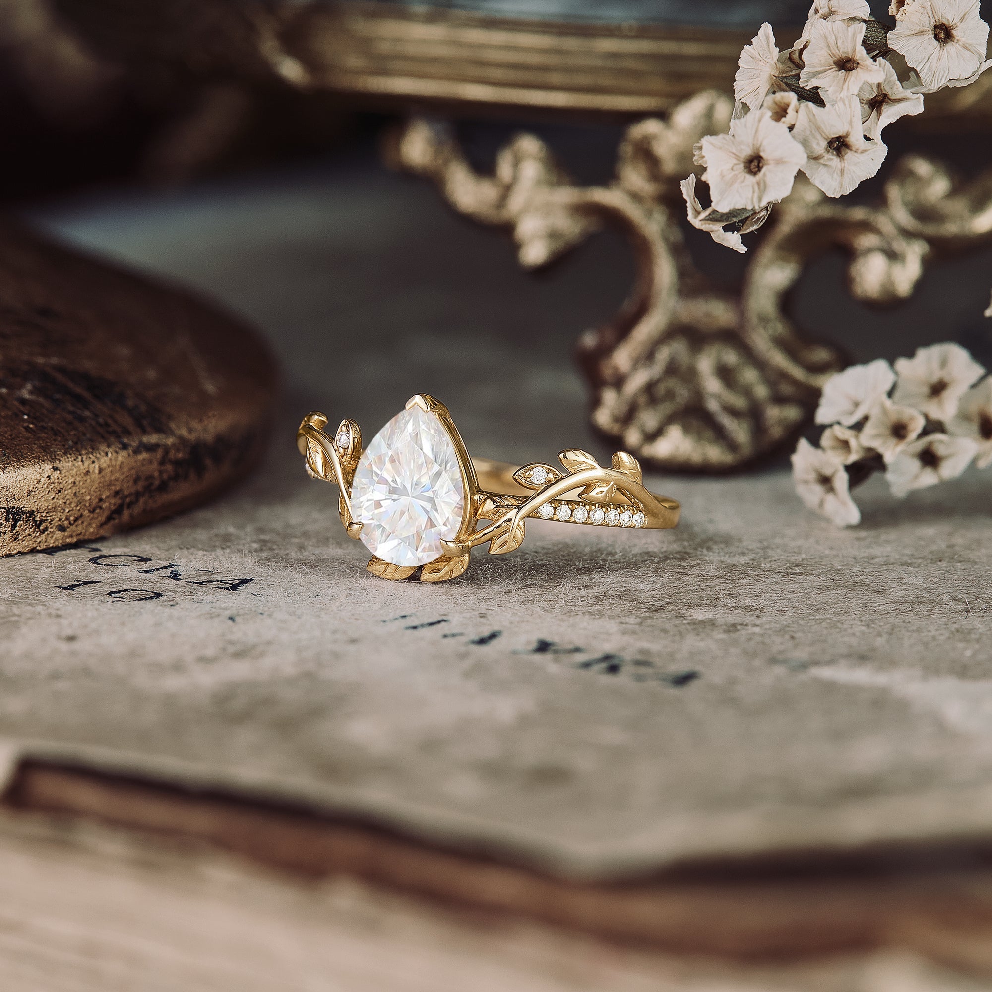 1.25 Carat Lab Grown Diamond Pear Shape E-VS1 Vintage Engagement Ring