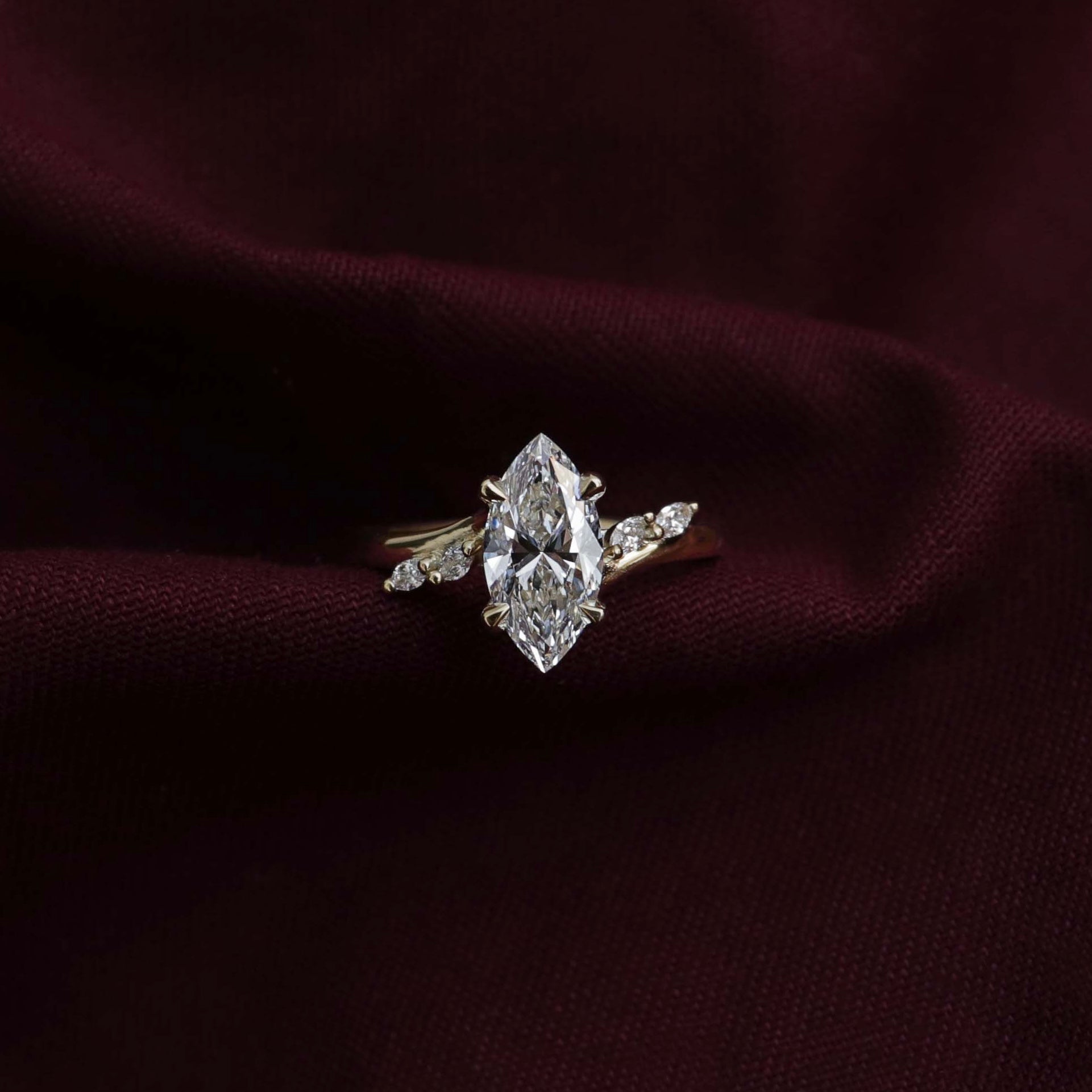 1.0 Carats Marquise Shape Moissanite Cluster Accents Engagement Ring