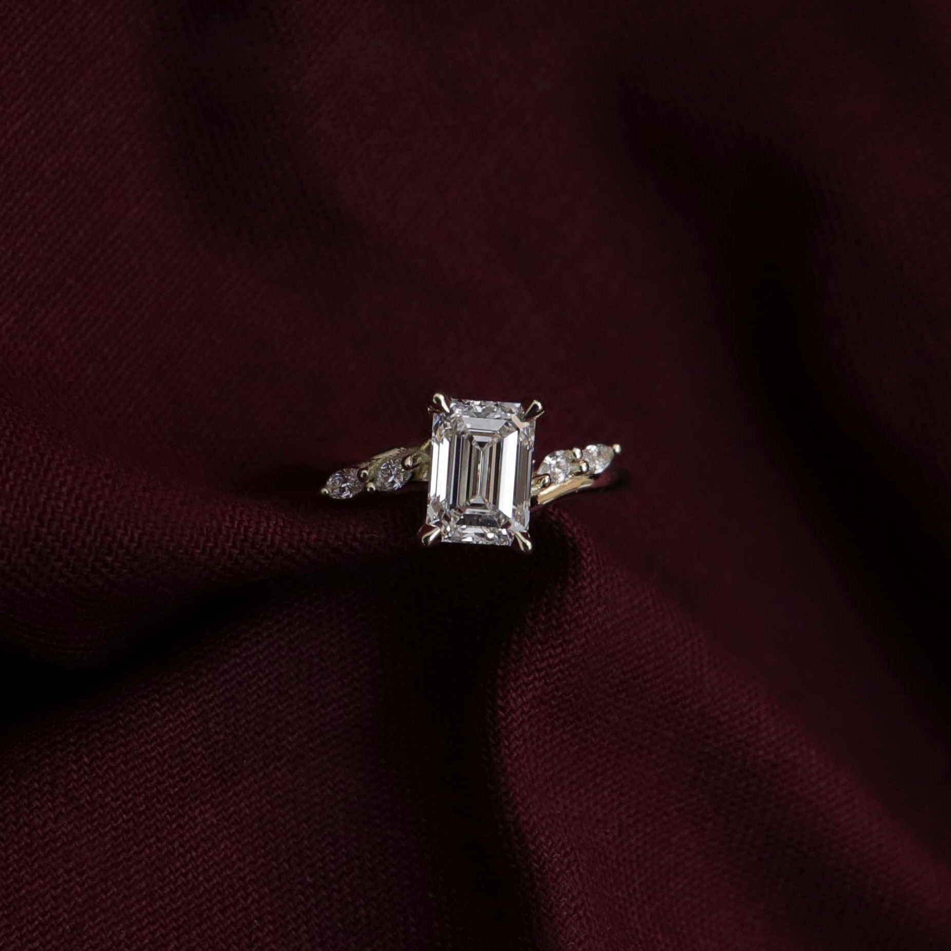 0.80 Carats Emerald Shape Cluster Moissanite Engagement Ring