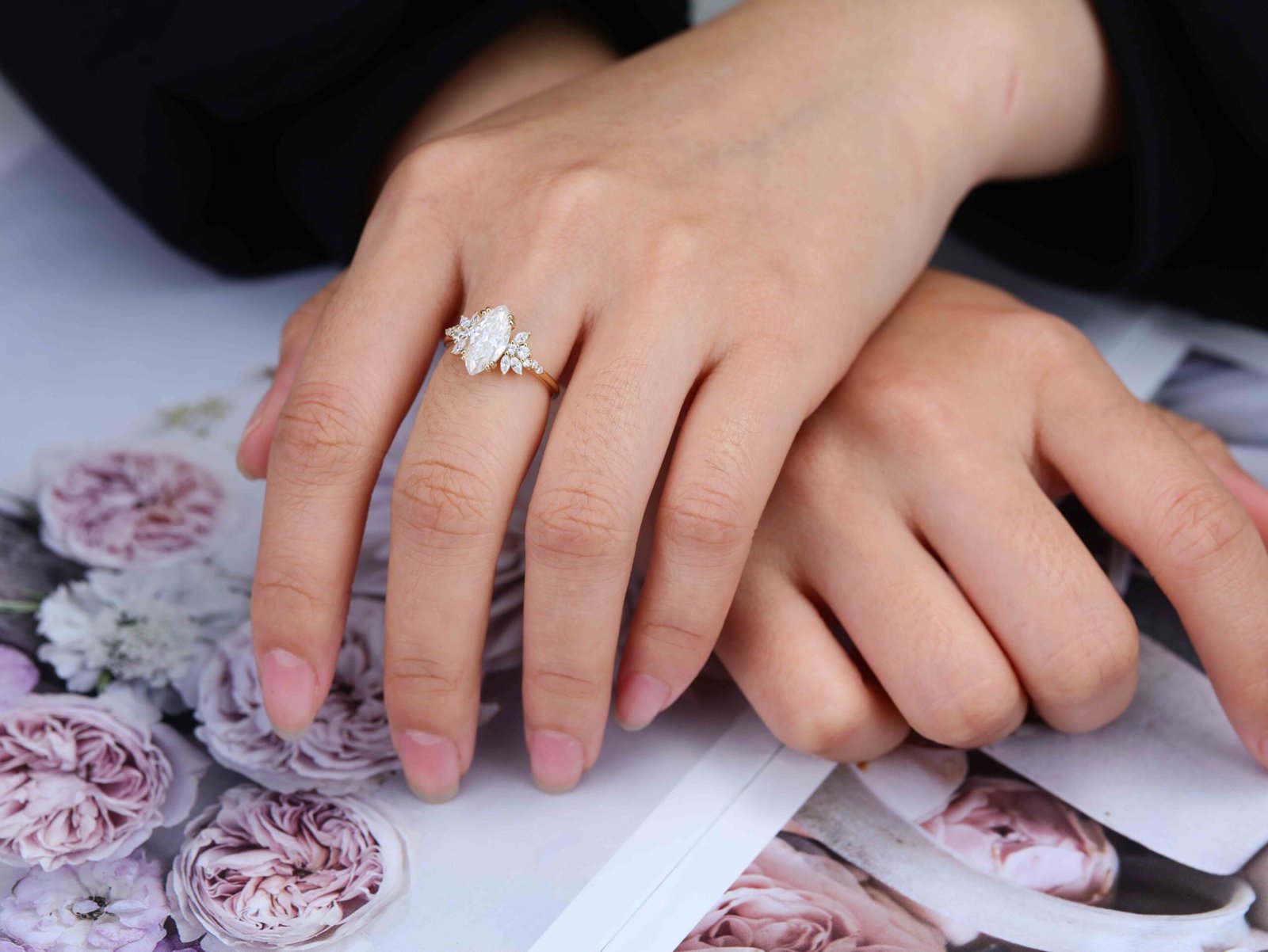 1.70 Carats Marquise Shape Moissanite Cluster Engagement Ring