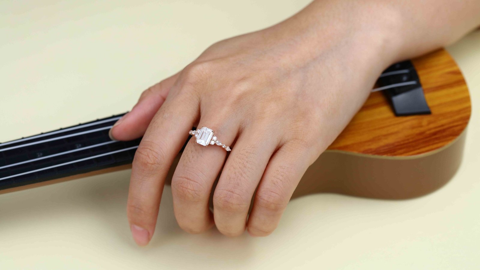 2.0 Carats Emerald Shape Moissanite Cluster & Pave Engagement Ring