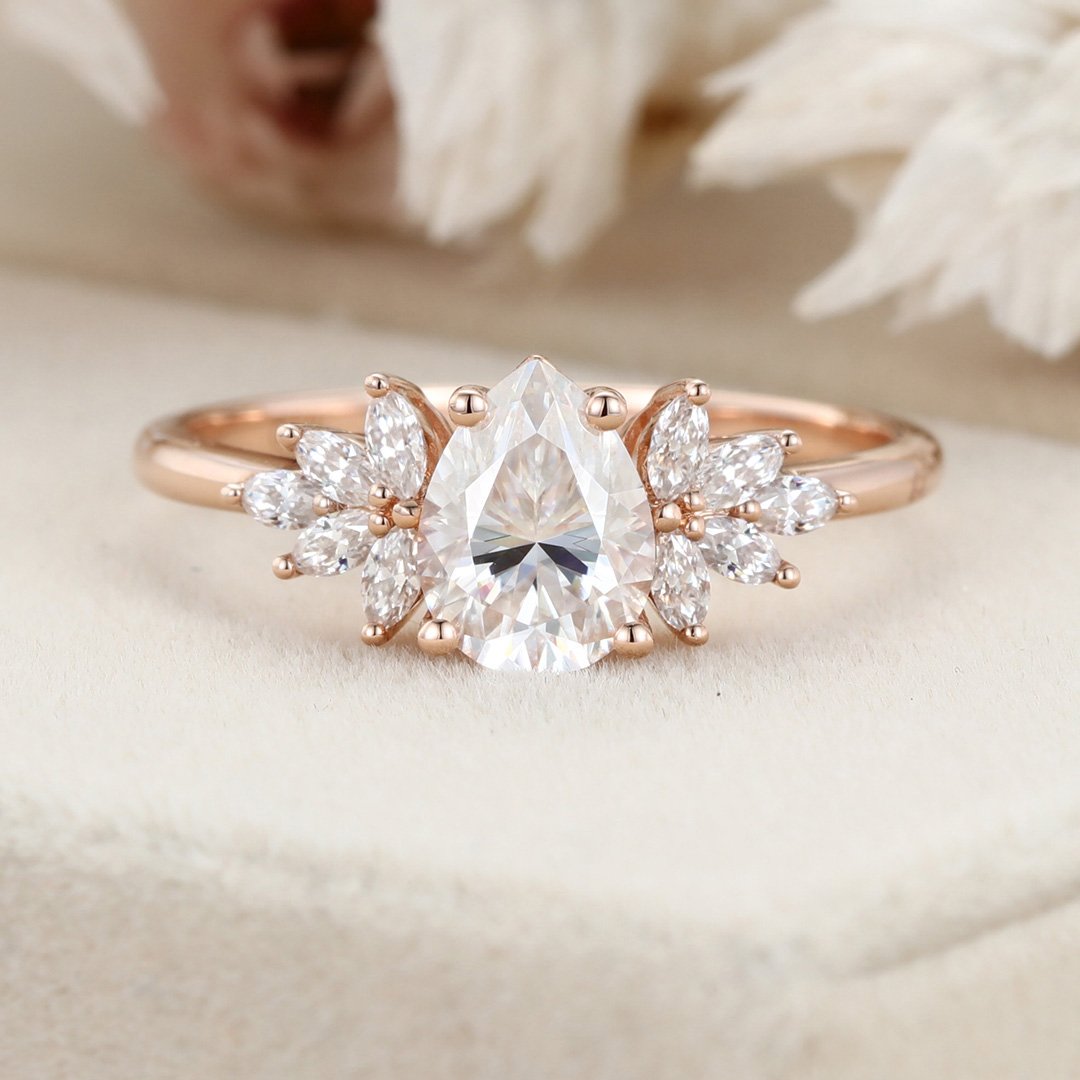 1.50 Carats Pear Shape Moissanite Cluster Engagement Ring