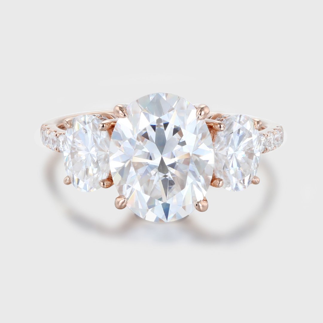 3.0 Carats Oval Shape Moissanite Three Stone & Pave Engagement Ring
