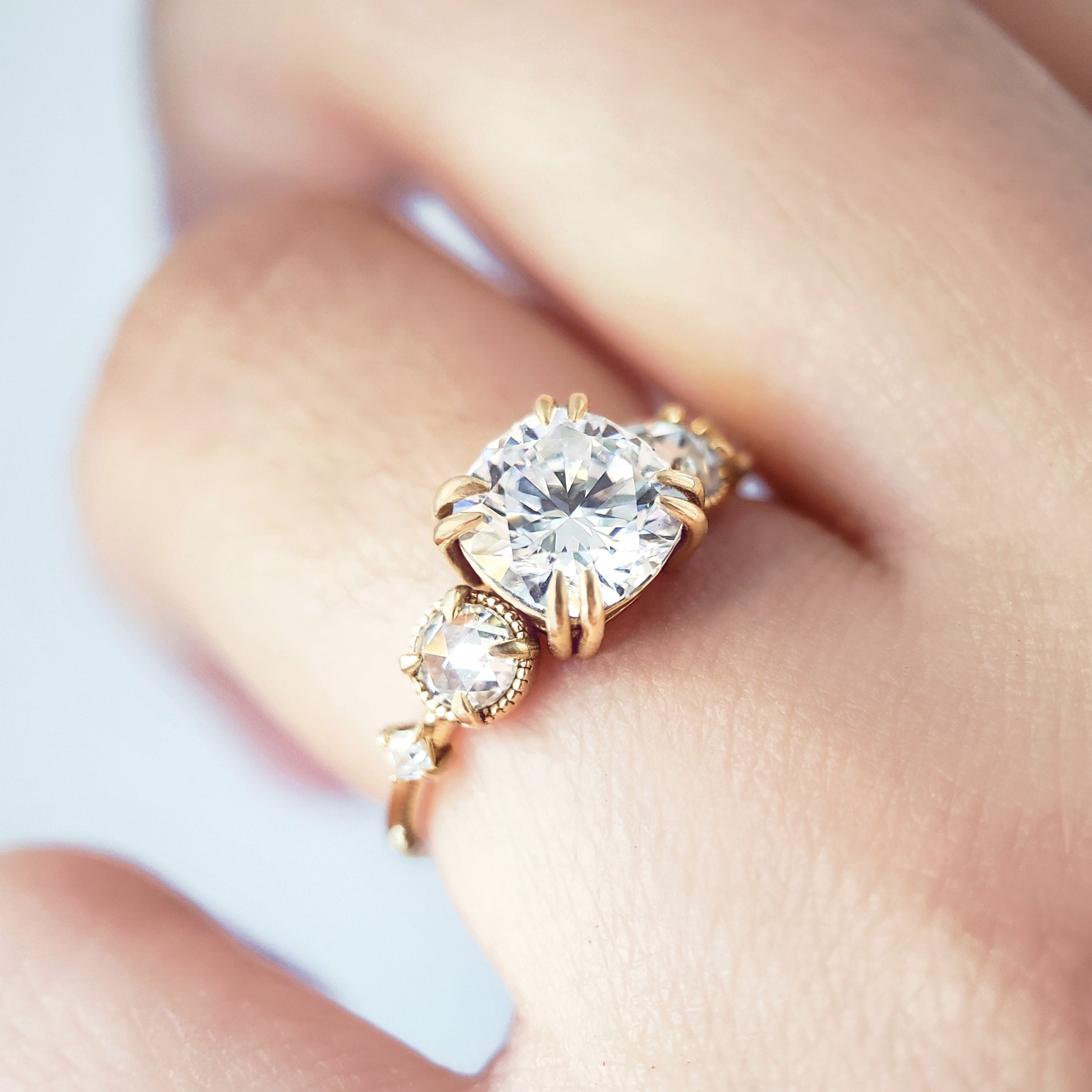 2.0 Carats Rose Cut Cushion Shape Moissanite Five Stone Engagement Ring